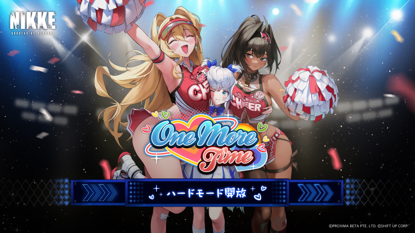 3girls bay_(nikke) between_breasts black_hair blonde_hair blue_eyes blush breast_press breast_smother breasts brown_eyes cheerleader clay_(nikke) closed_eyes closed_mouth commentary_request crop_top day face_between_breasts face_to_breasts girl_sandwich goddess_of_victory:_nikke grabbing grabbing_another's_breast hair_intakes head_between_breasts height_difference highleg highleg_panties highres huge_breasts long_hair looking_at_another multiple_girls navel one_eye_closed open_mouth outdoors panties pleated_skirt poli_(cheer_up_police)_(nikke) poli_(nikke) pom_pom_(clothes) red_skirt sandwiched short_twintails side-tie_panties skirt standing twintails underwear visor_cap white_hair white_skirt