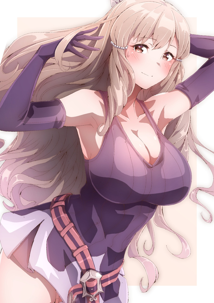 1girl absurdres alternate_breast_size bare_shoulders blush breasts brown_eyes brown_hair cleavage closed_mouth collarbone dress elbow_gloves fire_emblem fire_emblem_awakening gloves hands_in_hair highres large_breasts long_hair looking_at_viewer purple_dress purple_gloves short_dress sleeveless sleeveless_dress solo sumia_(fire_emblem) sweatdrop to_(tototo_tk)