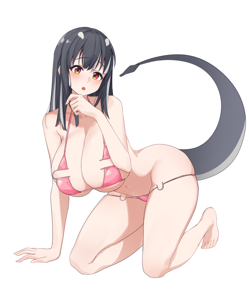 1girl absurdres aningay black_hair breasts florida_bikini highres indie_virtual_youtuber large_breasts orange_eyes solo stomach tail thighs white_background white_hair