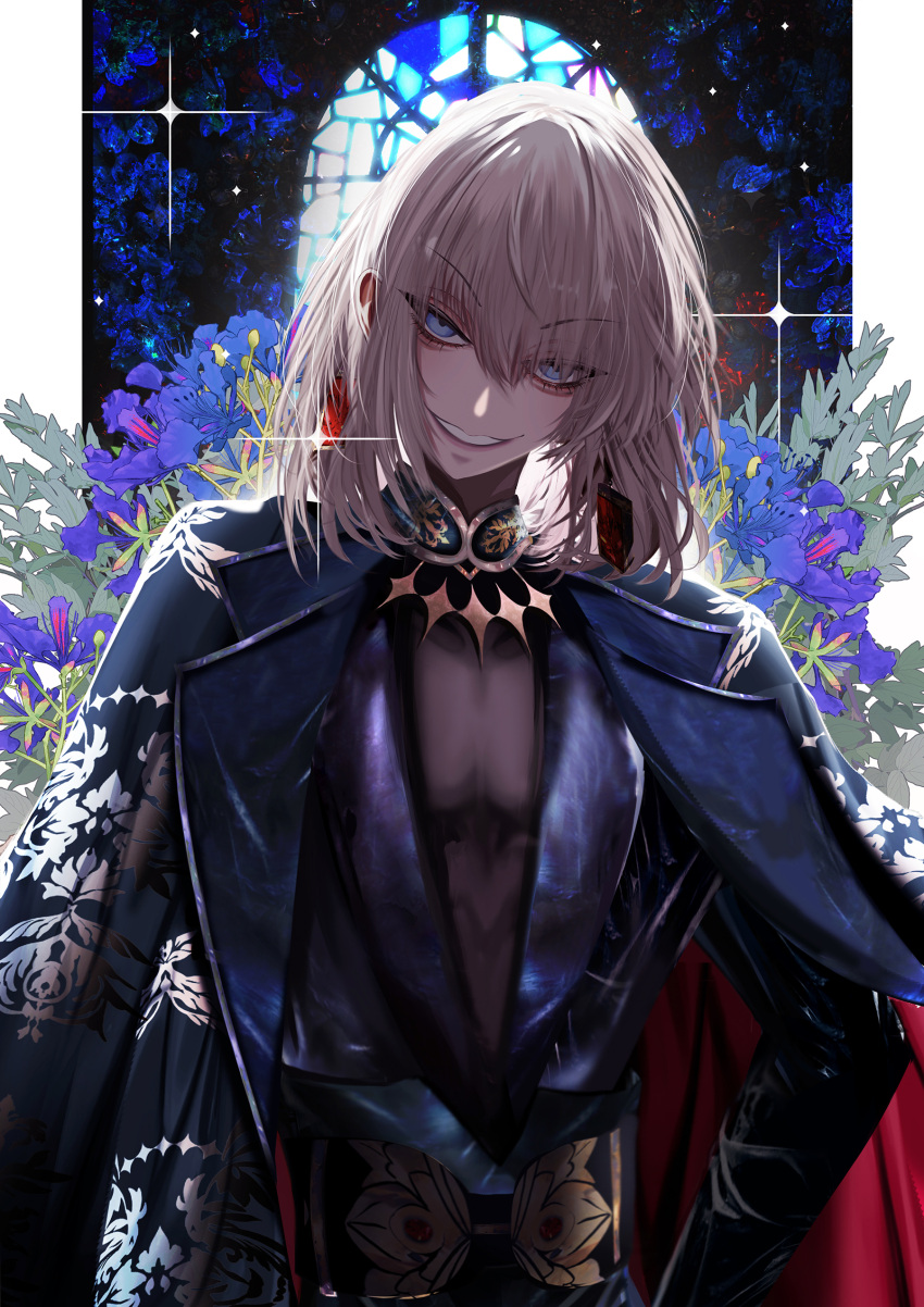 1boy absurdres alternate_costume antinese black_jacket blue_eyes blue_flower blue_rose fate/grand_order fate_(series) flower gloves grey_hair hair_between_eyes highres jacket jewelry lapels long_sleeves looking_at_viewer male_focus no_wings oberon_(fate) oberon_(overnight_dream)_(fate) official_alternate_costume rose shawl_lapels shirt smile