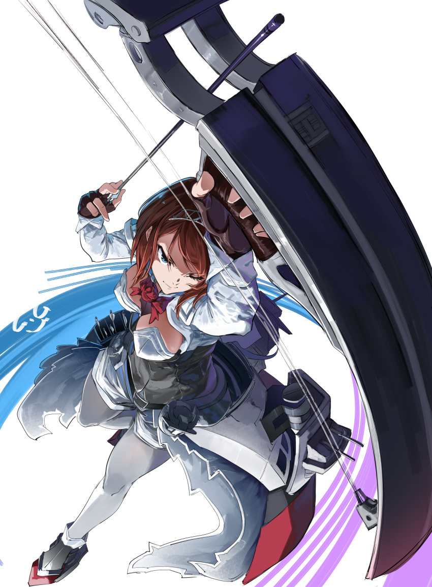 1girl absurdres ark_royal_(kancolle) armored_boots arrow_(projectile) blue_background blue_eyes blunt_bangs bob_cut boots bow_(weapon) breasts cleavage compound_bow corset fingerless_gloves flower from_above gegeron gloves hairband highres inverted_bob kantai_collection long_sleeves looking_up multicolored_background overskirt purple_background red_flower red_hair red_ribbon red_rose ribbon rigging rose short_hair solo tiara weapon white_background