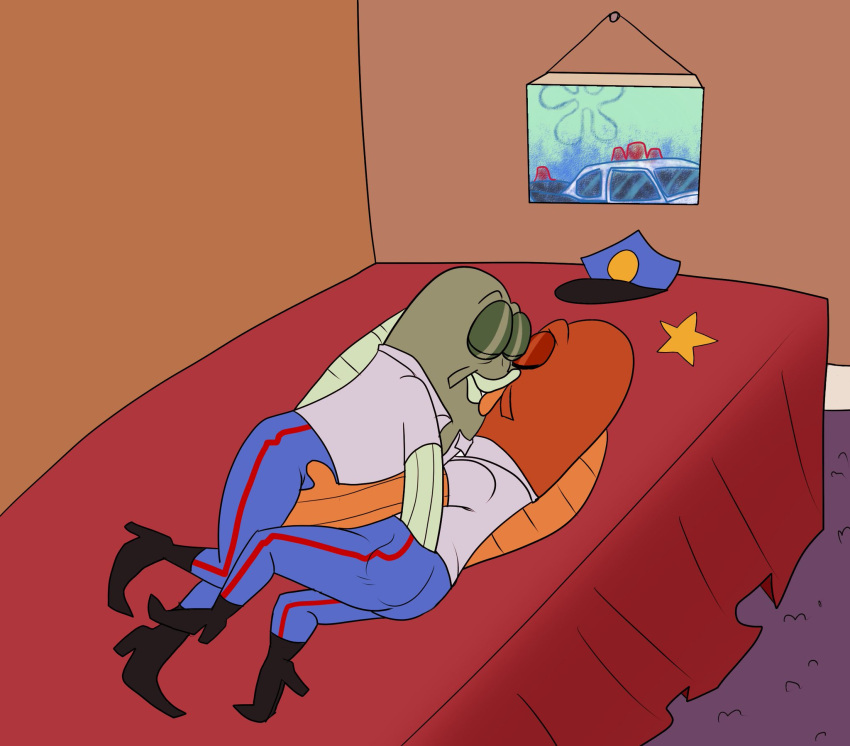 anthro bed butt butt_grab clothed clothing cop_car duo eyes_closed fish furniture groping_crotch hand_on_butt hi_res hotel igotdragons incidental_118_(spongebob) inside kissing male male/male marine nickelodeon spongebob_squarepants window