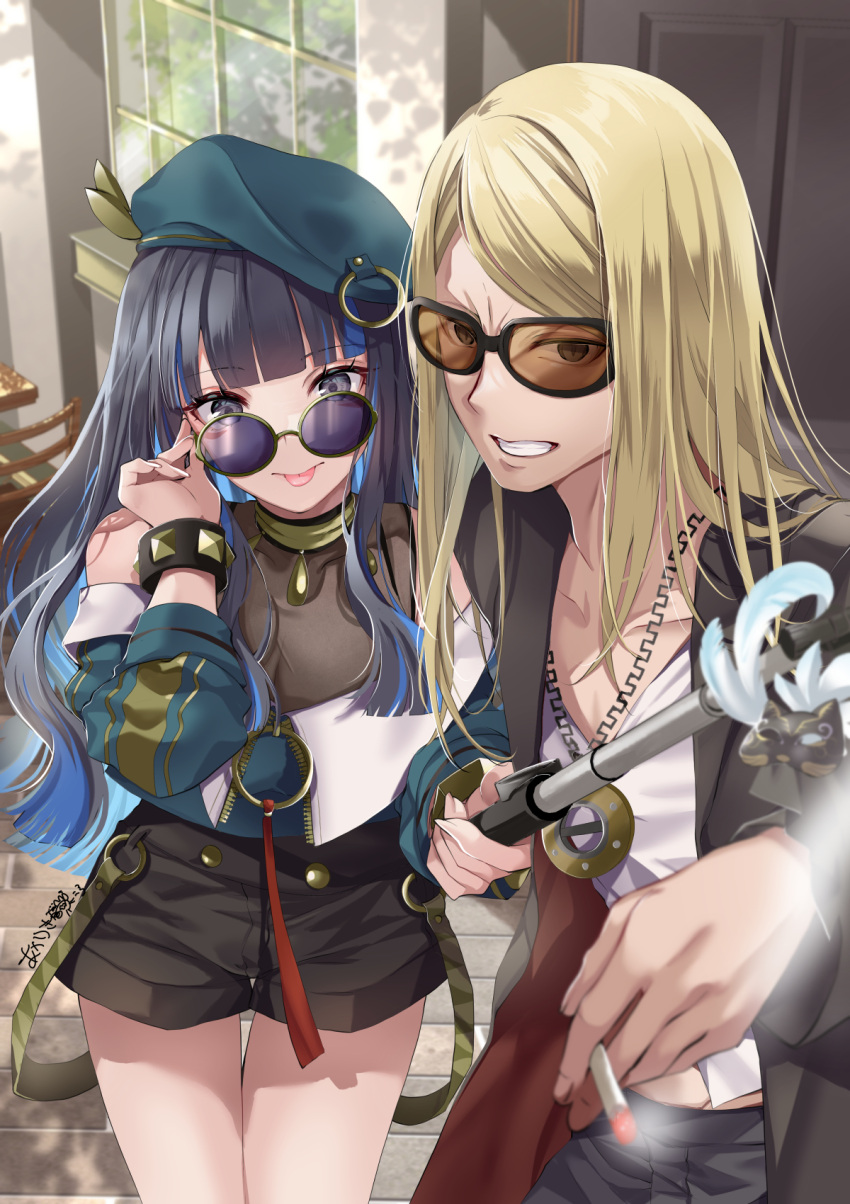 1boy 1girl akatsuki_hijiri bare_shoulders beret black_hair black_jacket black_pants black_shorts blonde_hair blue_hair bracelet breasts buttons cigarette colored_inner_hair double-breasted eyeliner fate/grand_order fate_(series) green_hat green_jacket grey_eyes hat highres jacket jewelry long_hair long_sleeves looking_at_viewer makeup multicolored_hair neck_ring necklace o-ring off_shoulder pants round_eyewear selfie_stick shirt shorts sidelocks small_breasts smile sunglasses tenochtitlan_(fate) tenochtitlan_(second_ascension)_(fate) tezcatlipoca_(fate) thighs tongue tongue_out white_shirt zipper