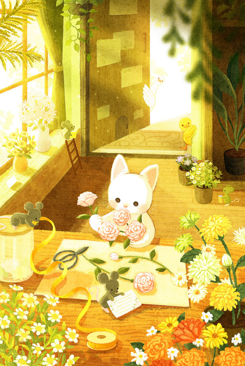 animal_ear_fluff animal_focus bird book card cat chrysanthemum commentary curtains door doorway duck duckling english_commentary fern flower hanging_plant highres holding holding_book holding_card holding_flower indoors jar ladder light_particles mat mouse_(animal) no_humans open_book open_door orange_flower original paco_(piko_chan723) paper peeking peeking_out plant potted_plant red_flower ribbon scissors shelf sunlight table welcome_mat white_cat white_flower window wooden_floor yellow_flower