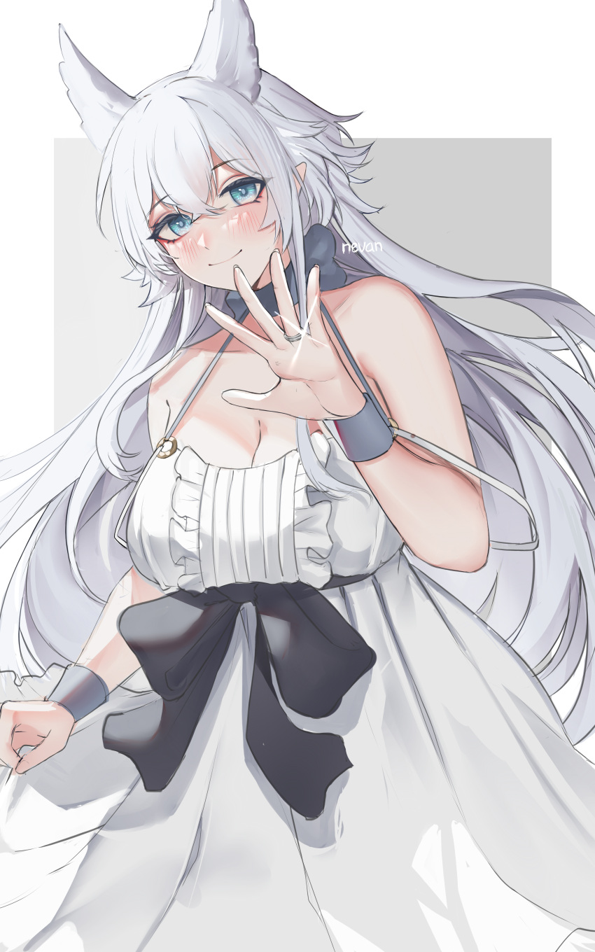 1girl absurdres animal_ears black_bow blue_eyes blush bow breasts dress extra_ears highres jewelry large_breasts long_hair looking_at_viewer milephunter original pointy_ears ring smile solo two-tone_background white_dress white_hair wolf_ears