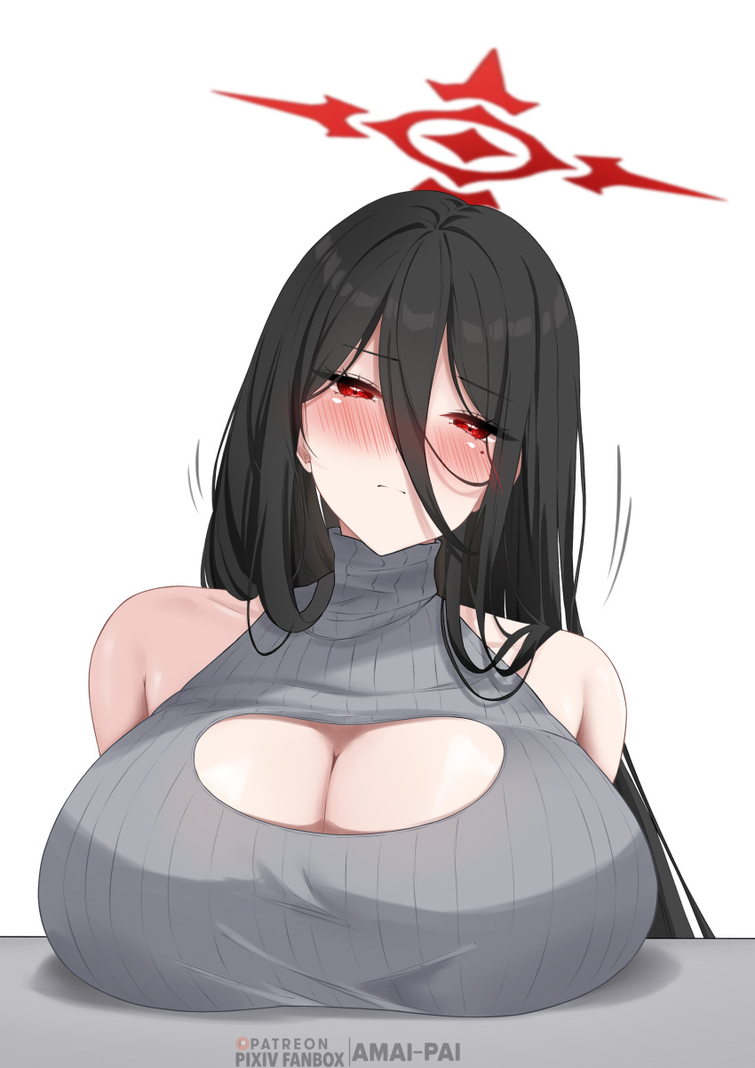 1girl absurdres amai-pai artist_name black_hair blue_archive blush breast_rest breasts cleavage cleavage_cutout clothing_cutout fanbox_username grey_sweater halo hasumi_(blue_archive) highres huge_breasts long_hair long_hair_between_eyes looking_at_viewer mole mole_under_eye nose_blush patreon_username red_eyes sleeveless sleeveless_sweater solo straight_hair sweater very_long_hair