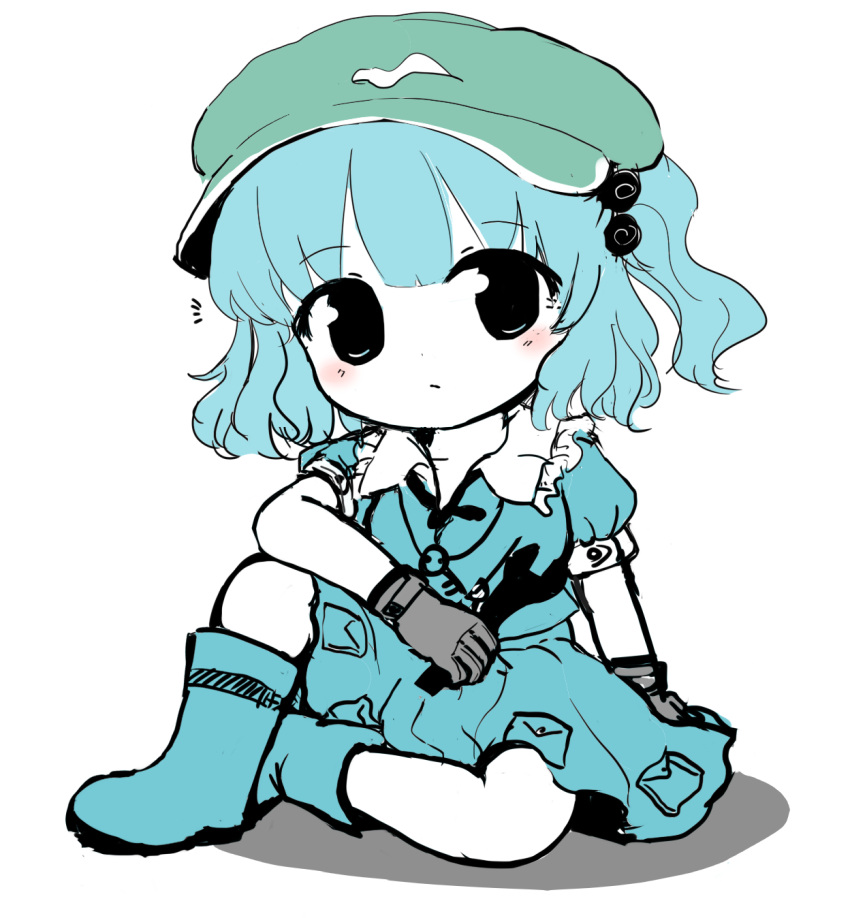 blue_footwear blue_hair boots flat_cap frilled_shirt_collar frills green_hat hat highres kawashiro_nitori key light_blush looking_at_viewer notice_lines partially_colored pocket rei_(tonbo0430) rubber_boots short_hair short_sleeves skirt skirt_set solo tagme touhou white_background wrench