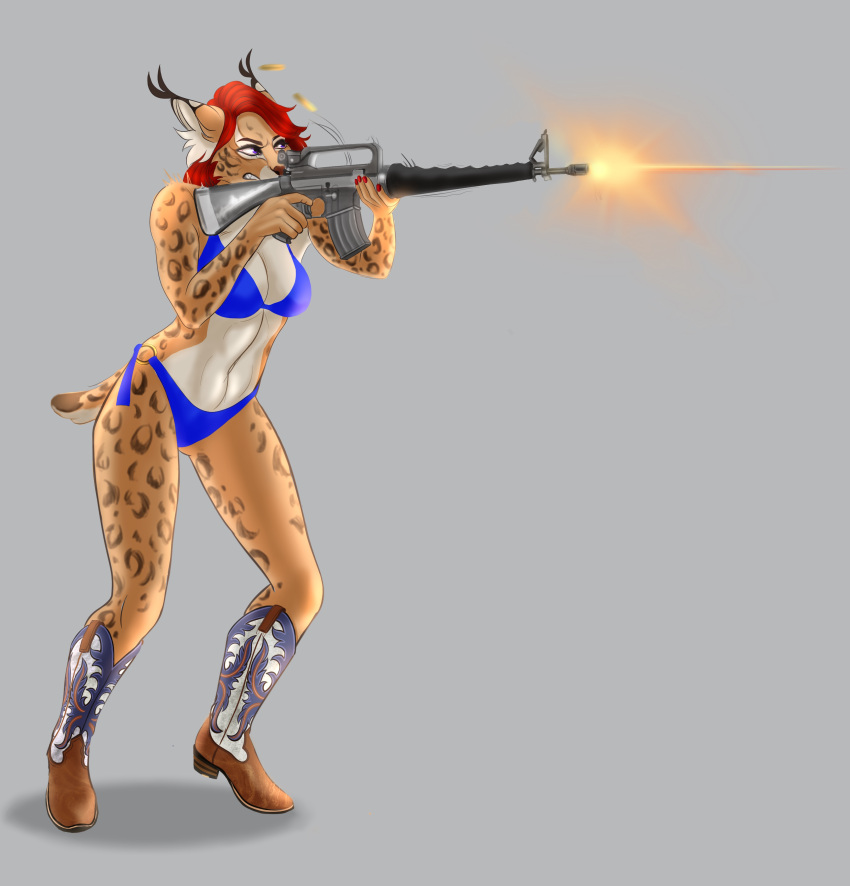 absurd_res assault_rifle bikini blue_bikini blue_clothing blue_swimwear boots cadence_ann cinnameana clothing cowboy_boots felid feline female footwear gun hi_res left-handed lynx m16 mammal ranged_weapon rifle solo swimwear weapon