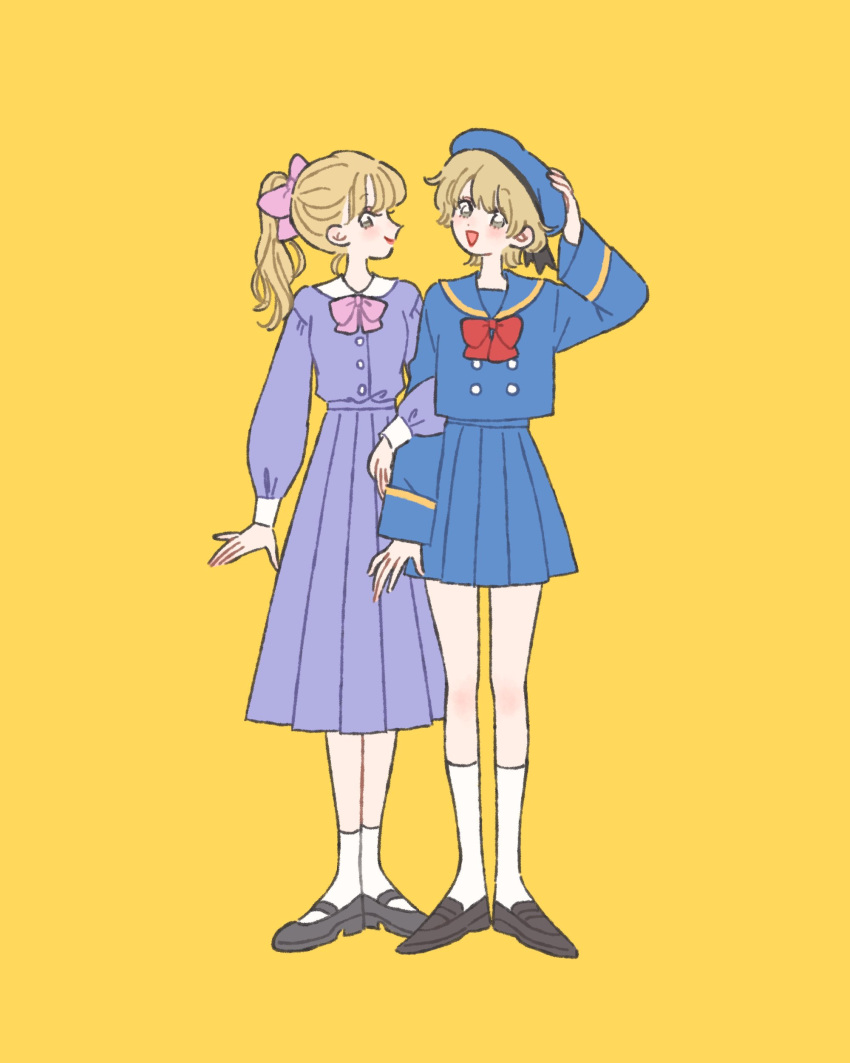 2girls absurdres ankle_socks black_ribbon blonde_hair blue_sailor_collar blue_serafuku blue_shirt blue_skirt blue_sleeves bow bowtie brown_eyes brown_footwear buttons closed_mouth coat collared_shirt commentary_request eyelashes eyeshadow full_body grey_footwear hair_bow hand_on_headwear hat hat_ribbon high-waist_skirt highres kneehighs knees light_blush lipstick locked_arms long_hair long_sleeves makeup mary_janes medium_skirt miniskirt multiple_girls open_mouth original pink_bow pink_bowtie pink_eyeshadow pleated_skirt ponytail puffy_long_sleeves puffy_sleeves purple_shirt purple_skirt purple_sleeves red_bow red_bowtie red_lips ribbon rikuwo sailor_collar sailor_hat school_uniform serafuku shirt shoes short_hair simple_background skirt skirt_set smile socks uwabaki white_coat white_socks wide_sleeves yellow_background