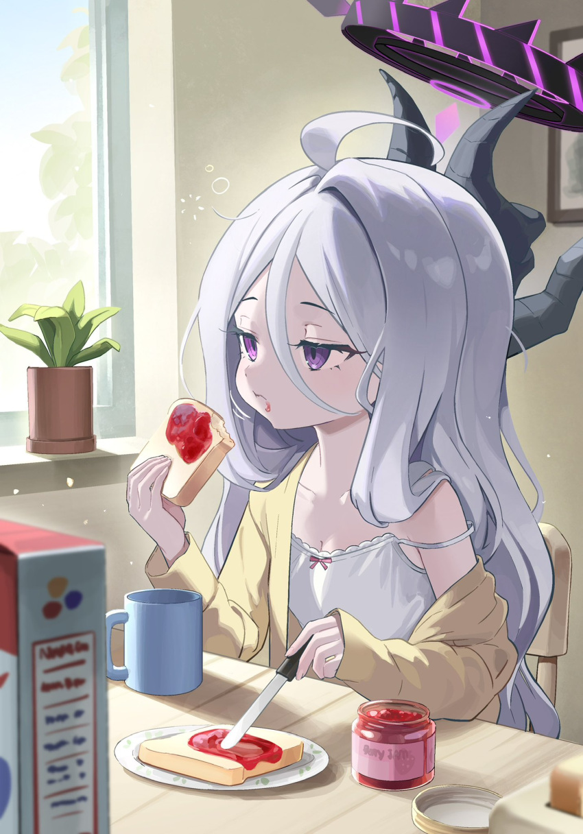 1girl blue_archive bread bread_slice breasts camisole cleavage collarbone cup demon_horns eating food food_on_face grey_hair halo highres hina_(blue_archive) horns indoors jam kekek long_hair long_hair_between_eyes mug multiple_horns plant potted_plant purple_eyes sitting sleepy small_breasts solo squeans strap_slip table toast very_long_hair white_camisole wooden_table