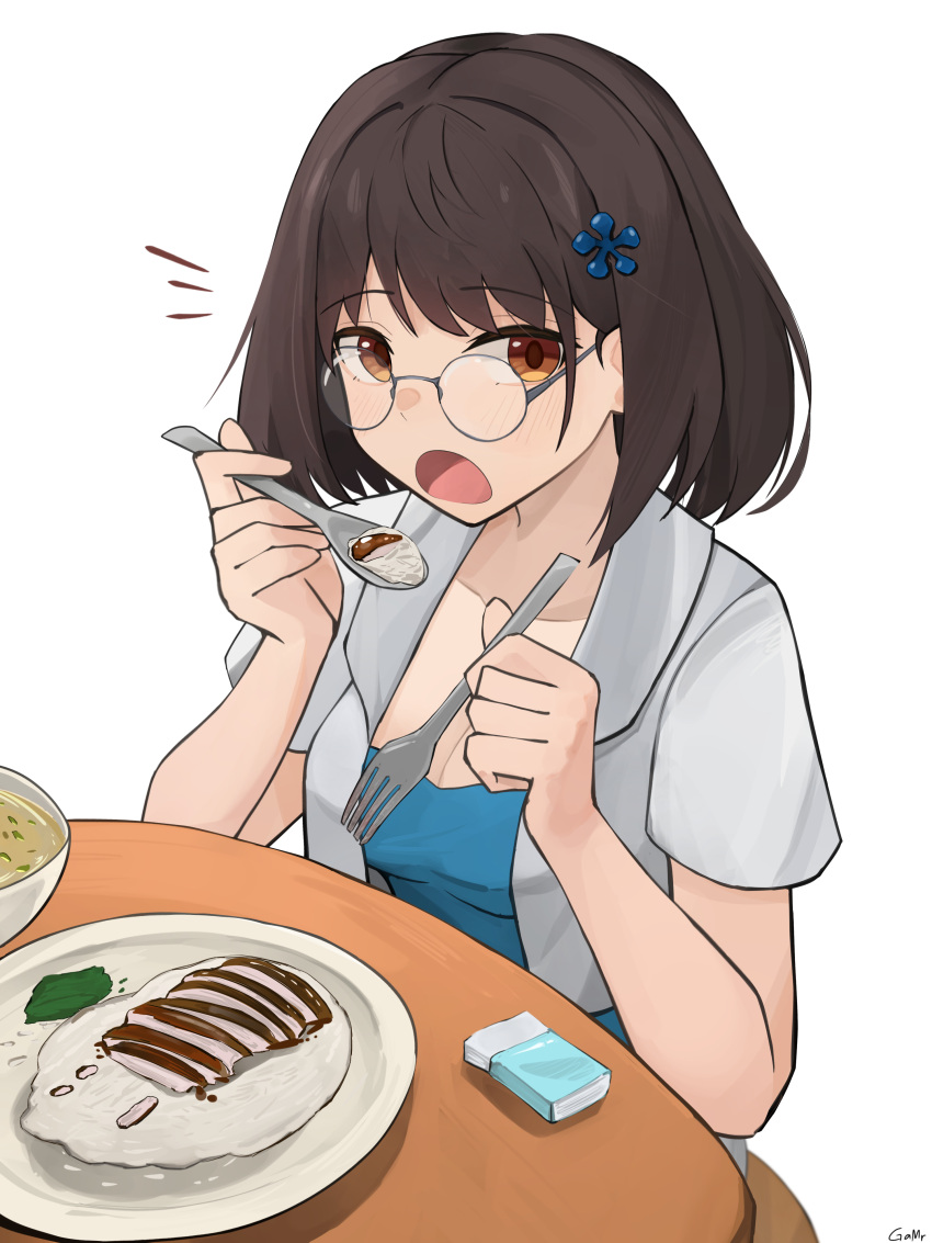 1girl absurdres bowl brown_eyes brown_hair chicken_(food) eating english_commentary food fork gamryous girls'_frontline glasses highres holding holding_fork holding_spoon looking_at_viewer plate rice sar-21_(girls'_frontline) short_hair solo soup spoon table tissue vegetable