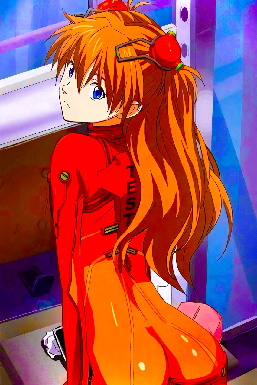 1girl absurdres ass blonde_hair blue_eyes cellphone elevator highres interface_headset looking_back neon_genesis_evangelion non-web_source phone plugsuit rebuild_of_evangelion solo souryuu_asuka_langley tag test_plugsuit