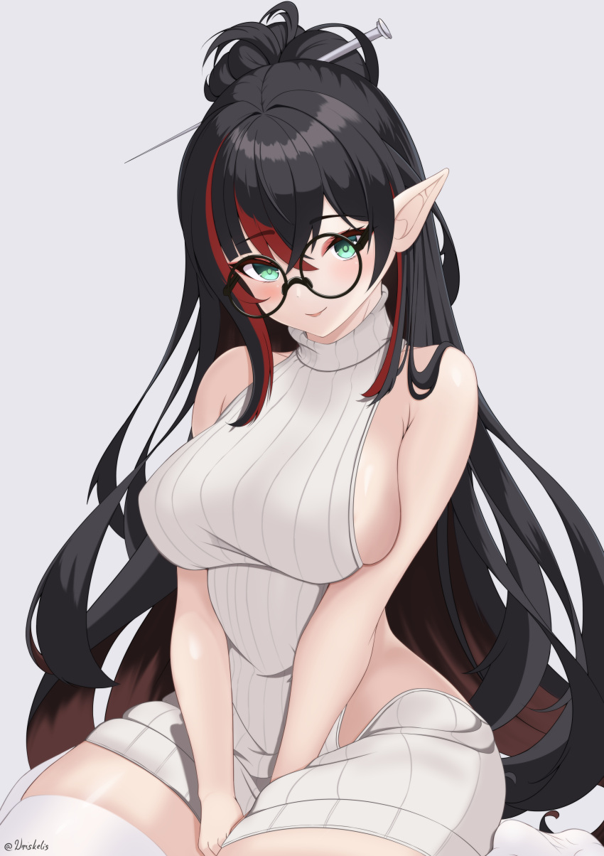 1girl absurdres armpit_crease arms_between_legs black_hair blush breasts english_commentary glasses green_eyes highres large_breasts long_hair looking_at_viewer meme_attire mika_melatika multicolored_hair nijisanji nijisanji_id pointy_ears sideboob skindentation smile solo thighhighs twitter_username two-tone_hair very_long_hair virgin_killer_sweater virtual_youtuber wriskelis