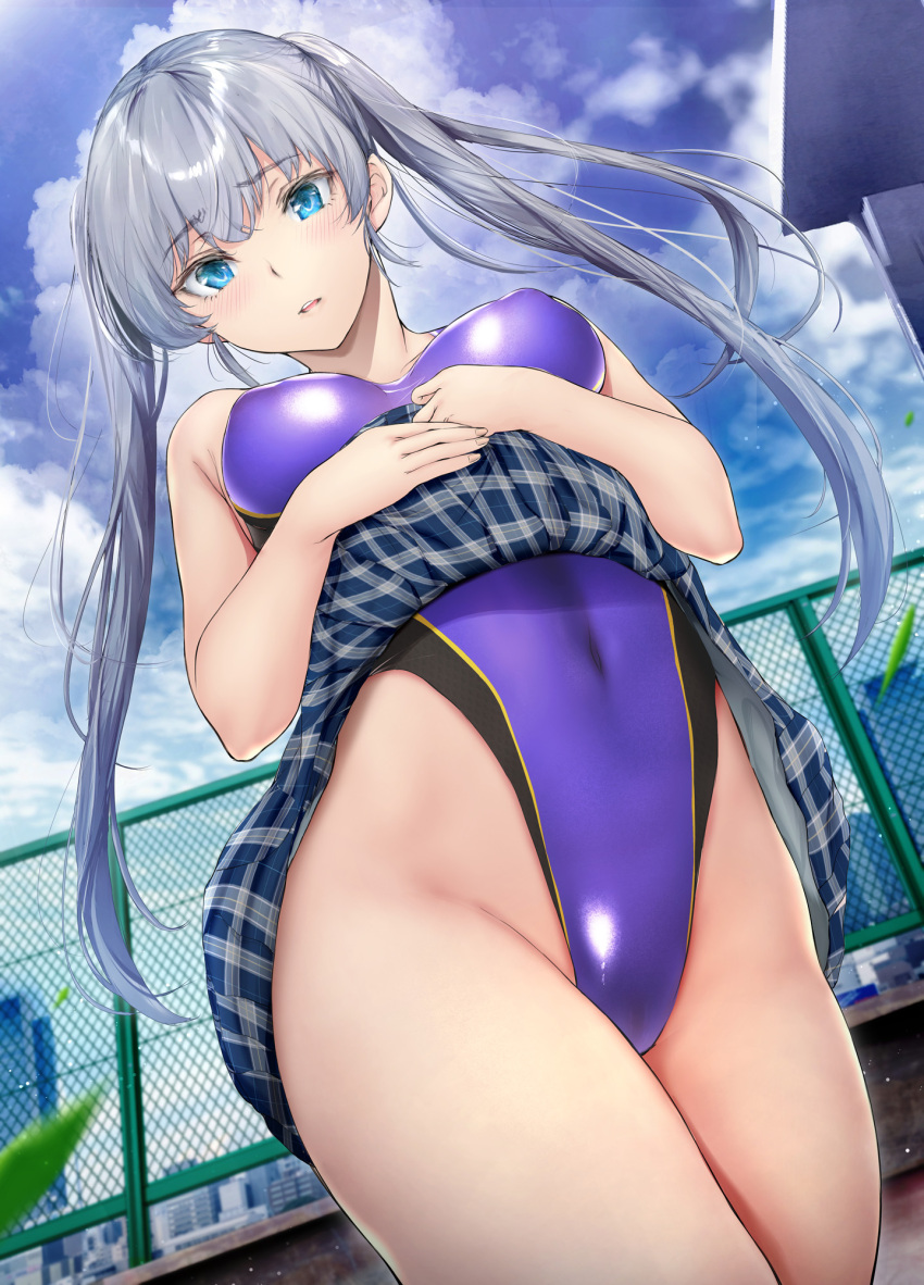 1girl blue_eyes blue_skirt blush clothes_lift commentary_request competition_swimsuit covered_navel cowboy_shot from_below gentsuki grey_hair highleg highleg_swimsuit highres hip_focus kuroe_(kimi_omou_koi) long_hair looking_at_viewer looking_down one-piece_swimsuit original outdoors parted_lips plaid plaid_skirt purple_one-piece_swimsuit skirt skirt_lift solo standing swimsuit thighs