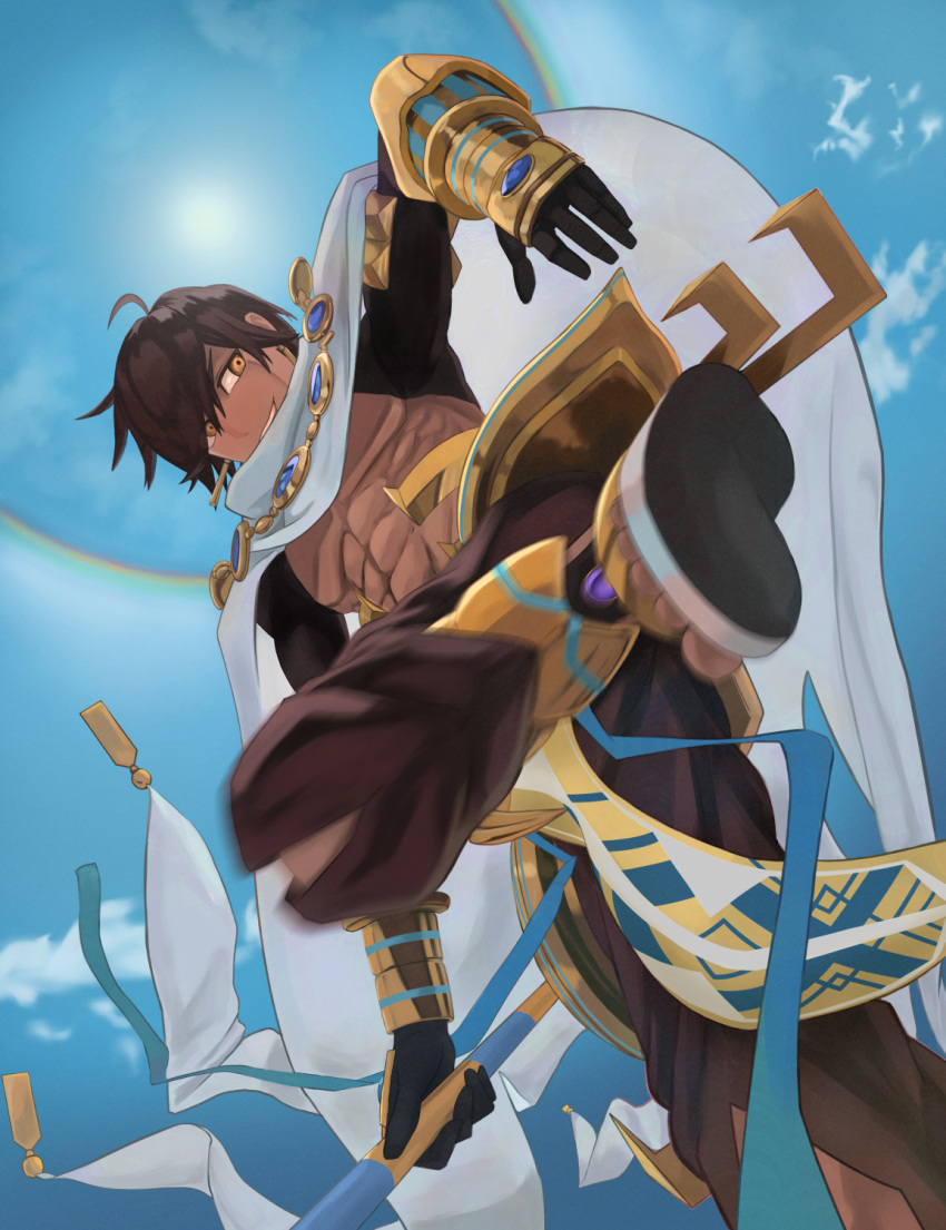 1boy ahoge bare_pectorals brown_hair cape dark-skinned_male dark_skin earrings egyptian egyptian_clothes fate/grand_order fate_(series) gloves hair_between_eyes highres holding jewelry looking_at_viewer male_focus merk4554 ozymandias_(fate) pectorals short_hair smile solo staff underpec white_cape yellow_eyes