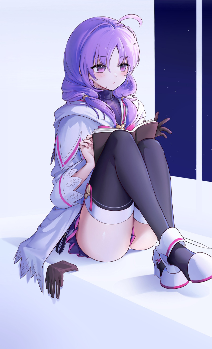 1girl absurdres aisha_landar antenna_hair black_gloves black_sweater black_thighhighs blush book closed_mouth coat elemental_master_(elsword) elsword gloves highres hood hood_down hooded_coat long_hair low_twintails parted_bangs pleated_skirt purple_eyes purple_hair ribbed_sweater single_glove sitting skirt solo sweater tanjel thighhighs turtleneck turtleneck_sweater twintails white_coat