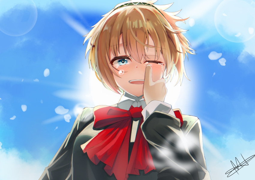 1boy 1girl ;d absurdres aegis_(persona) backlighting black_jacket blonde_hair blue_eyes blue_sky blurry blush bow bright_pupils commentary commission crying crying_with_eyes_open day depth_of_field english_commentary eyelashes falling_petals gekkoukan_high_school_uniform hair_between_eyes happy happy_tears highres jacket lens_flare lichael long_sleeves looking_at_viewer one_eye_closed open_mouth outdoors persona persona_3 petals pov pov_hands red_bow school_uniform short_hair signature sky smile spoilers streaming_tears sunlight tears teeth tsurime upper_body upper_teeth_only yuuki_makoto_(persona_3)