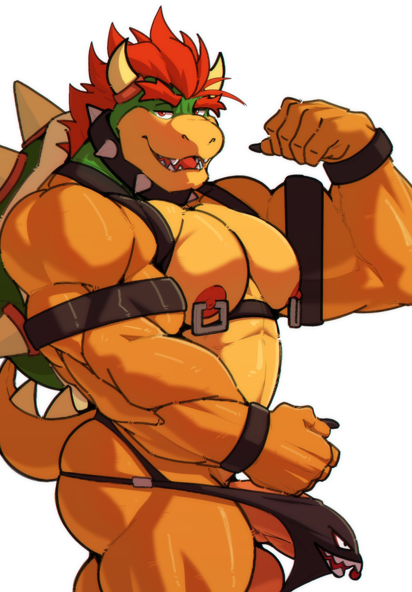 2024 abs anthro areola armband barazoku bedroom_eyes biceps big_butt big_muscles big_penis bowser bracelet butt butt_squish claws clothed clothing deltoids erection erection_under_clothing eyebrows flexing genitals hair harness hi_res horn huge_muscles huge_penis humanoid_genitalia humanoid_penis jewelry jockstrap koopa looking_at_viewer male mario_bros matcharyu muscular muscular_anthro muscular_male narrowed_eyes nintendo nipple_piercing nipple_ring nipples open_mouth open_smile pecs penis piercing ring_piercing scalie seductive shell simple_background smile solo spiked_shell spiked_tail spikes spikes_(anatomy) squish standing tail teeth tenting thick_thighs tongue topless topless_anthro topless_male triceps underwear white_background