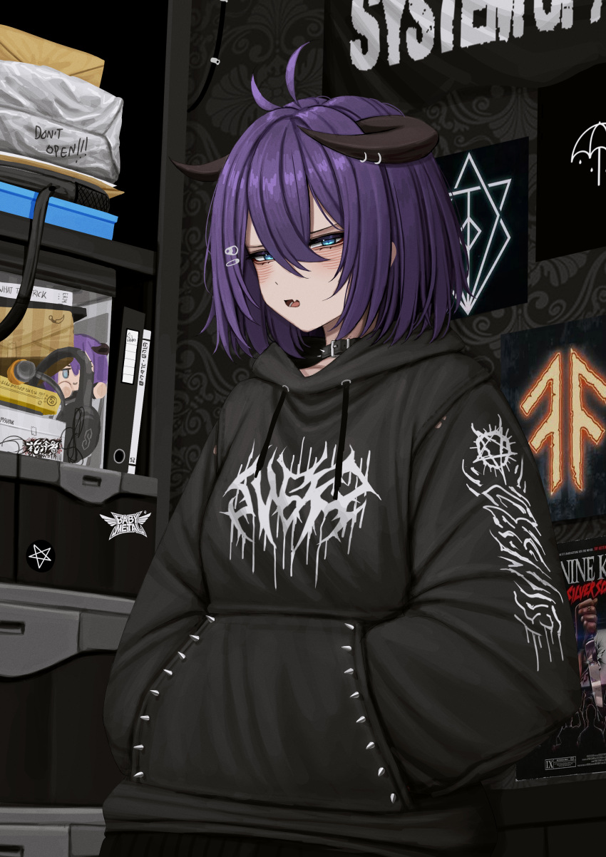 1girl absurdres babymetal black_hoodie bring_me_the_horizon choker cool_s copyright_request english_text goth_fashion gothic_lolita headphones highres hood hoodie horns ice_nine_kills lobsteranian logo_request lolita_fashion looking_at_viewer movie_poster original pentagram purple_hair solo system_of_a_down