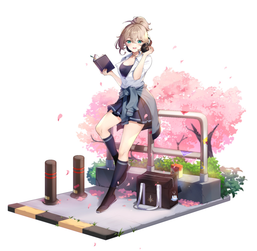 1girl :d against_railing bag black_footwear black_socks blue_skirt blush book breasts bush cherry_blossoms claire_(eversoul) cleavage clothes_around_waist eversoul full_body game_cg green_eyes hair_between_eyes headphones high_ponytail holding holding_book holding_headphones kneehighs light_brown_hair looking_at_viewer medium_breasts official_alternate_costume official_alternate_hairstyle official_art open_clothes open_shirt outdoors railing school_uniform shirt short_hair shoulder_bag sitting skirt sleeves_rolled_up smile socks solo sports_bra sweater sweater_around_waist tachi-e transparent_background white_shirt wing_collar