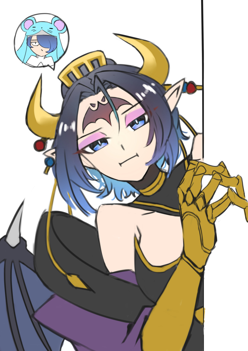 absurdres bare_shoulders black_hair black_jacket blue_hair breasts demon_girl demon_horns demon_wings digimon digimon_(creature) evolutionary_line eyeshadow facial_mark forehead_mark gradient_hair hair_ornament highres horns jacket jiyuuya large_breasts lilithmon makeup multicolored_hair peeking_out pointy_ears pout purple_eyeshadow short_hair sistermon_ciel upper_body wings