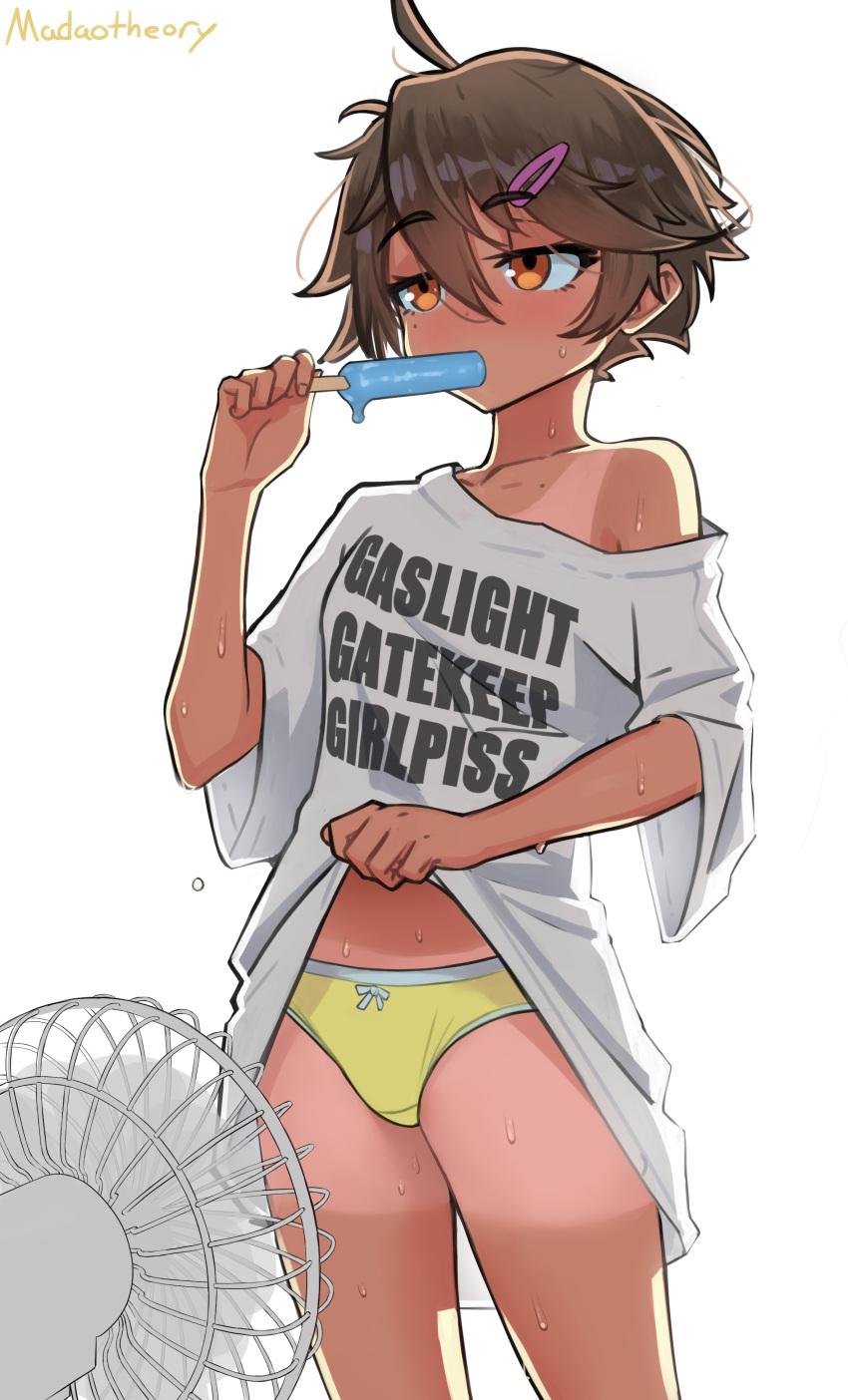 1girl absurdres artist_name backlighting bow bow_panties clothes_lift clothes_writing cowboy_shot eating electric_fan english_text food food_in_mouth hand_up highres holding holding_food holding_popsicle jitome madaotheory off-shoulder_shirt off_shoulder orange_eyes original oversized_clothes panties popsicle popsicle_in_mouth shirt shirt_lift short_hair short_sleeves shorts_tan simple_background solo sweat tan tanlines thighs underwear white_background white_shirt wide_sleeves yellow_panties