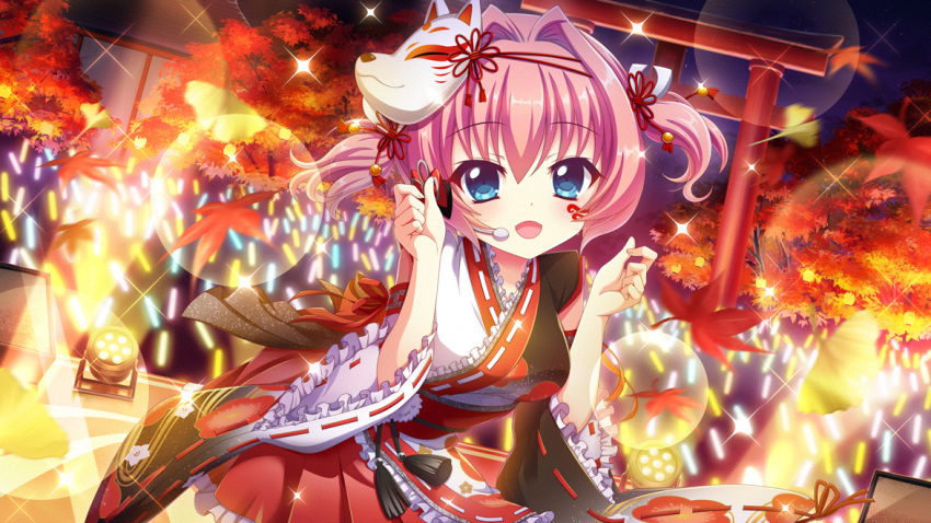 1girl :d audience autumn autumn_leaves black_kimono blue_eyes breasts concert crowd detached_sleeves dot_nose dutch_angle falling_leaves film_grain floral_print floral_print_kimono fox_mask game_cg glowstick hair_intakes hands_up headset hiiragi_kae izumi_tsubasu japanese_clothes kimono large_breasts leaf lens_flare looking_at_viewer mask mask_on_head night night_sky non-web_source obi official_art open_mouth outdoors pink_hair print_kimono re:stage! red_kimono sash short_hair sky sleeveless sleeveless_kimono smile solo sparkle stage stage_lights tassel torii two_side_up white_kimono white_mask