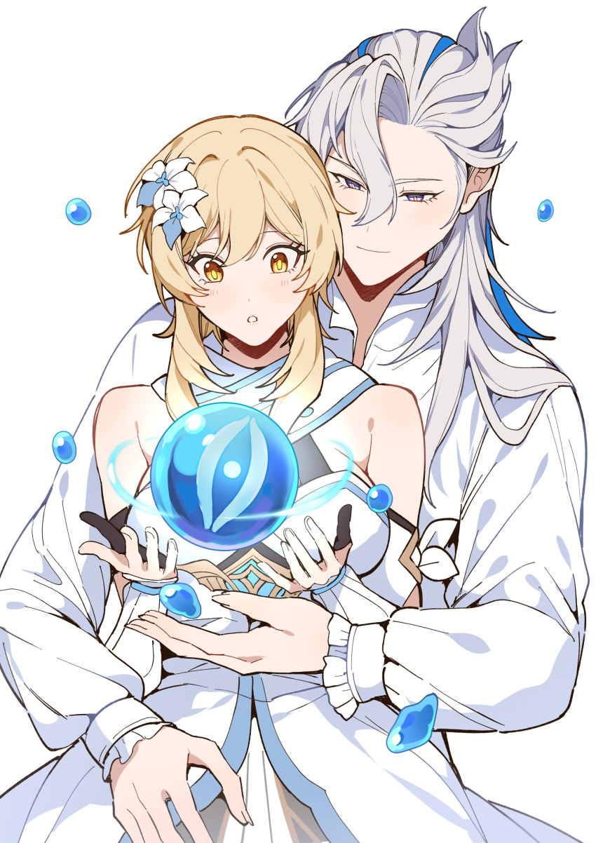 1boy 1girl absurdres blonde_hair blue_hair couple dress flower genshin_impact hair_flower hair_ornament hetero highres long_hair lumine_(genshin_impact) neuvillette_(genshin_impact) open_mouth quinny_il shirt simple_background smile white_background white_dress white_hair white_shirt yellow_eyes