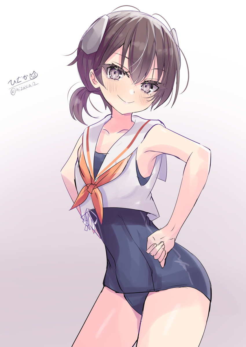 1girl absurdres black_hair black_one-piece_swimsuit cowboy_shot crop_top gradient_background grey_background grey_eyes hands_on_own_hips headgear highres hizaka i-41_(kancolle) kantai_collection leaning_forward low_ponytail neckerchief old_school_swimsuit one-hour_drawing_challenge one-piece_swimsuit orange_neckerchief sailor_collar school_swimsuit shirt short_hair sleeveless sleeveless_shirt smile solo swimsuit swimsuit_under_clothes white_background white_sailor_collar white_shirt