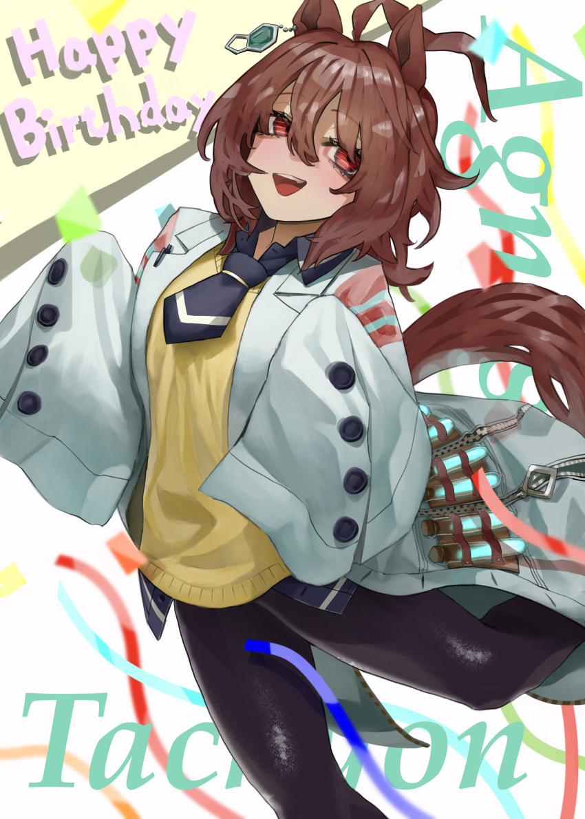 1girl :d absurdres agnes_tachyon_(umamusume) ahoge animal_ears black_necktie black_pantyhose black_shirt brown_hair character_name chemical_structure cork earrings flask hair_between_eyes happy_birthday highres horse_ears horse_girl horse_tail jewelry lab_coat necktie pantyhose red_eyes shirt short_hair short_necktie single_earring sleeves_past_fingers sleeves_past_wrists smile solo sweater_vest tail tonariuta umamusume yellow_sweater_vest