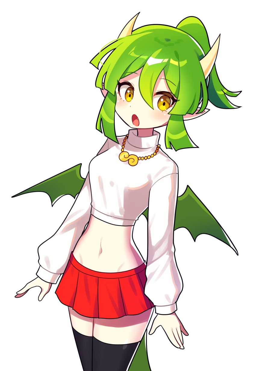 1girl absurdres alternate_costume alternate_hairstyle black_thighhighs blush brown_eyes crop_top draco_centauros dragon_girl dragon_horns dragon_tail fang green_hair highres horns jewelry looking_at_viewer navel necklace offbeat open_mouth pleated_skirt pointy_ears puyopuyo red_skirt short_hair short_ponytail simple_background skirt solo tail thighhighs white_background