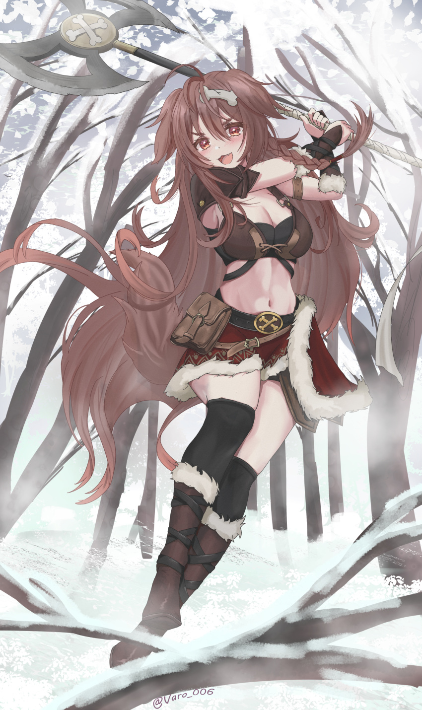 1girl absurdres animal_ears armor axe blush bone_hair_ornament boots breasts brown_eyes brown_footwear brown_hair cleavage dog_ears dog_girl fur-trimmed_boots fur-trimmed_skirt fur_trim hair_ornament helmet highres holding holding_axe hololive inugami_korone inugami_korone_(viking) long_hair looking_at_viewer medium_breasts navel official_alternate_costume open_mouth red_skirt skirt smile solo varo_006 virtual_youtuber