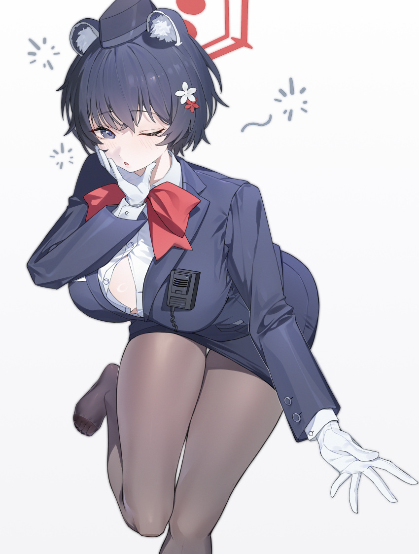 1girl absurdres animal_ear_fluff animal_ears black_hair black_pantyhose blue_archive blush bow bowtie breasts button_gap commentary_request flower foot_out_of_frame garrison_cap gloves grey_eyes hair_flower hair_ornament halo hat highres jacket lapels large_breasts leg_up looking_at_viewer lushi_jin_up no_shoes notched_lapels official_alternate_costume one_eye_closed pantyhose parted_lips pencil_skirt raccoon_ears red_bow red_bowtie shirt short_hair skirt sleepy solo squeans suit tsubaki_(blue_archive) tsubaki_(guide)_(blue_archive) walkie-talkie white_gloves white_shirt zzz