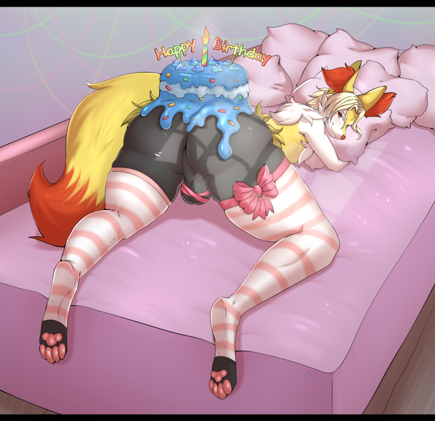 anthro anus balls bed big_butt birthday_cake braixen butt cake candle clothing dessert food furniture generation_6_pokemon genitals girly hi_res inner_ear_fluff legwear looking_back male nintendo pillow pokemon pokemon_(species) selles solo thigh_highs tuft