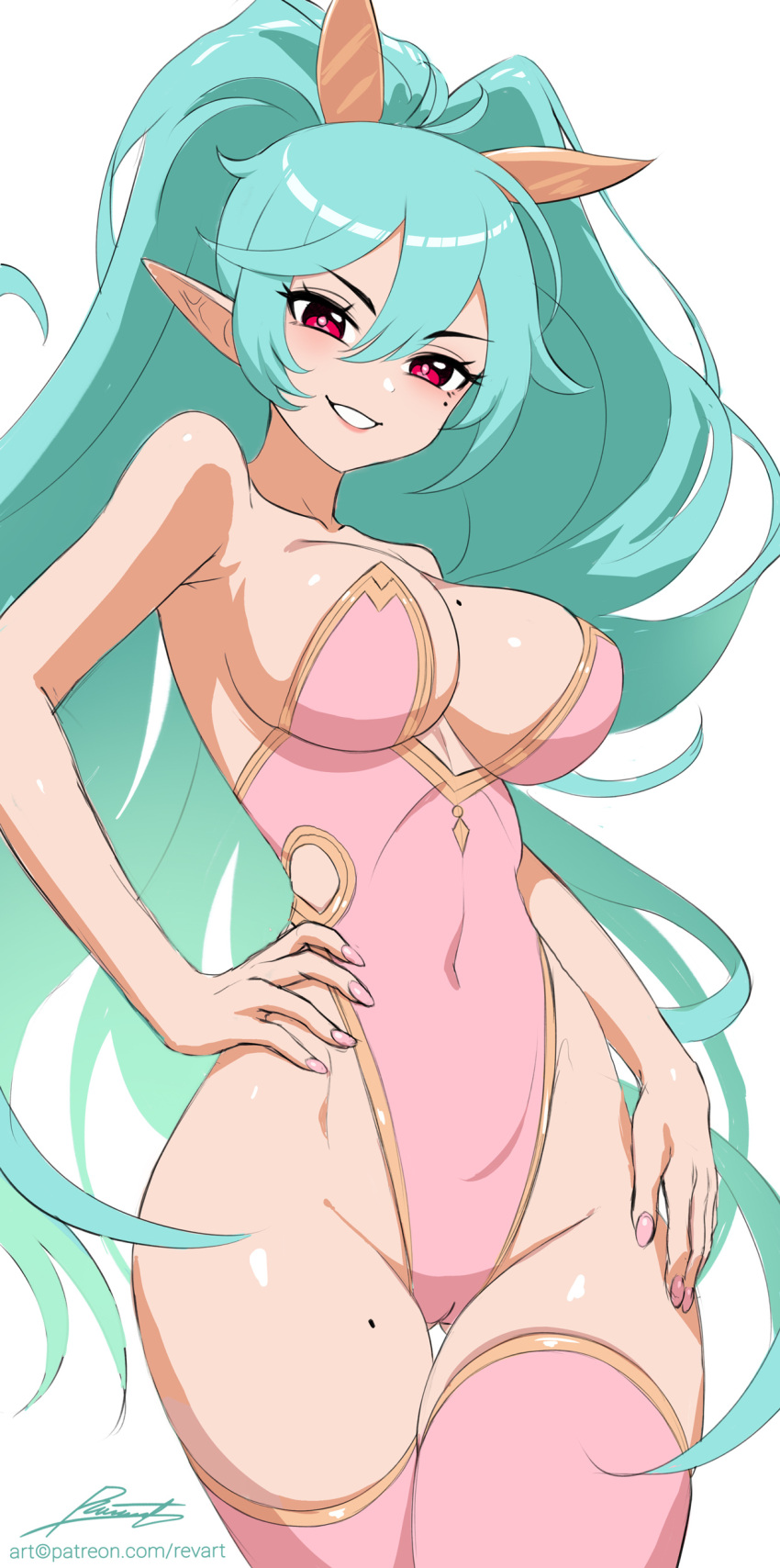1girl absurdres aqua_hair artist_name bare_arms bare_shoulders breasts cleavage collarbone commentary fingernails gold_trim hand_on_own_hip high_ponytail highleg highleg_leotard highres leotard lips long_hair looking_at_viewer medium_breasts mole mole_on_breast mole_on_thigh mole_under_eye original parted_lips pink_leotard pointy_ears ponytail red_eyes revenantart shiny_skin signature simple_background smile solo strapless strapless_leotard thighhighs thighs white_background zadi_(revenantart)