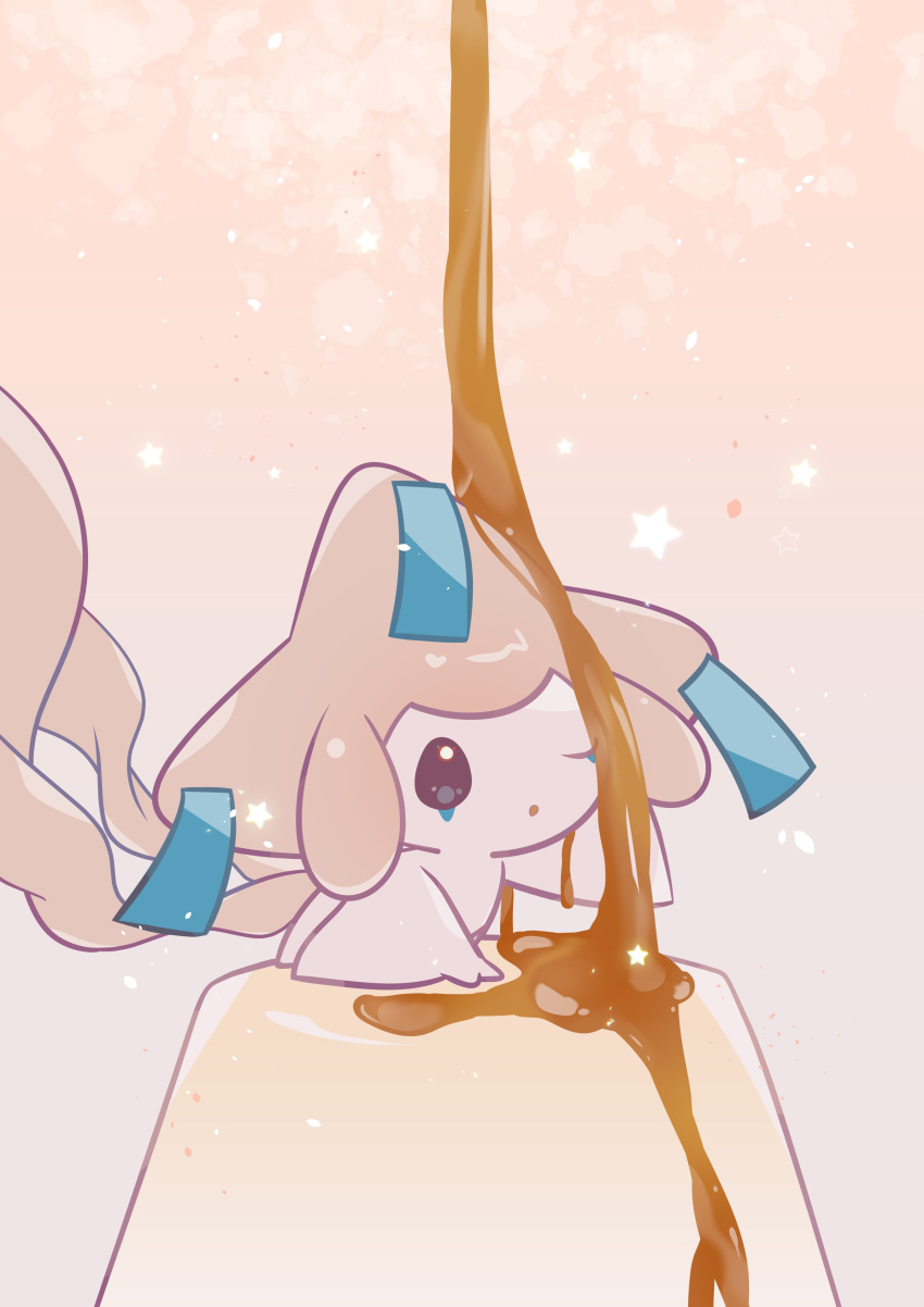 absurdres black_eyes colored_skin food full_body highres jirachi one_eye_closed pokemon pokemon_(creature) pudding shiramizore_(rate1026) solo star_(symbol) tears white_skin yellow_skin