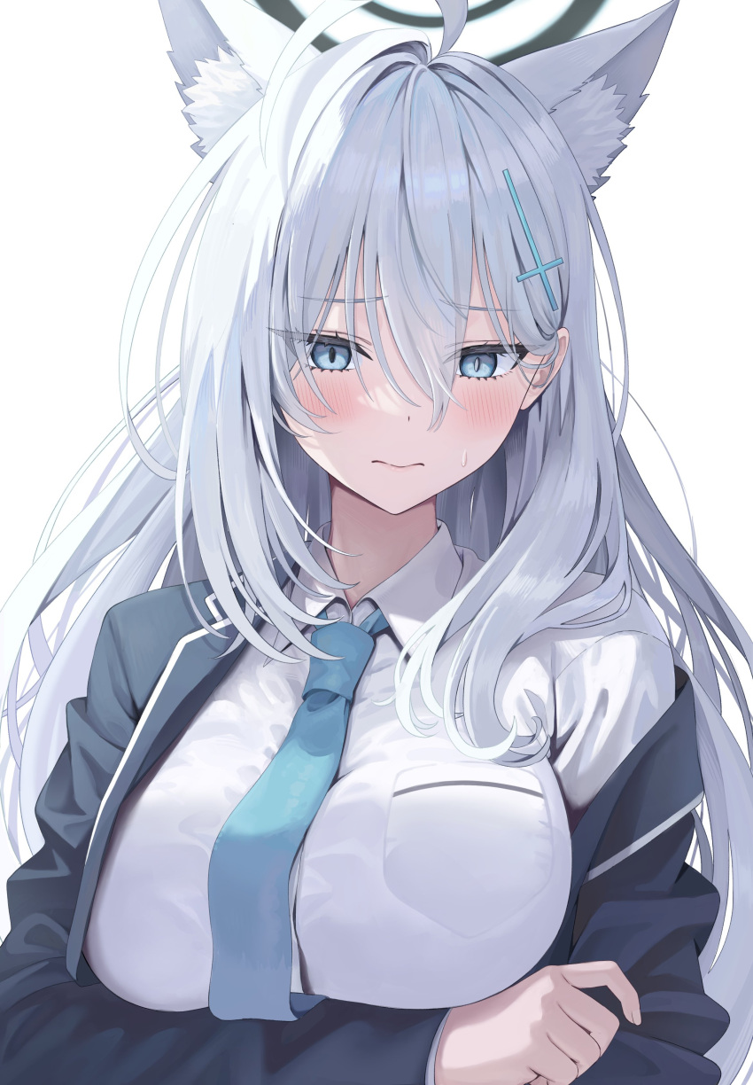 1girl absurdres ahoge animal_ear_fluff animal_ears aqua_necktie black_halo black_jacket blue_archive blue_eyes blush breasts bright_pupils closed_mouth collared_shirt commentary grey_hair hair_between_eyes halo highres jacket large_breasts long_hair mismatched_pupils necktie ojyomu shiroko_(blue_archive) shiroko_terror_(blue_archive) shirt solo upper_body white_pupils white_shirt