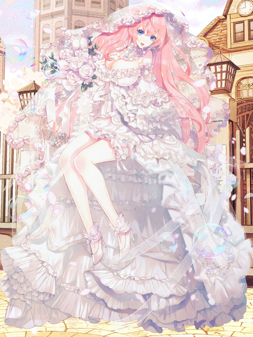 1girl :d ankle_garter bare_shoulders blue_eyes bouquet breasts bridal_garter bridal_veil bride bubble building calla_lily cleavage clona collar dairoku_ryouhei detached_sleeves dress dress_flower flower flower_trim frilled_collar frilled_dress frilled_sleeves frills full_body gloves hair_between_eyes high-low_skirt high_heels highres holding holding_bouquet invisible_chair large_breasts long_dress long_hair long_sleeves looking_at_viewer looking_to_the_side messiah_elneige outdoors pink_hair rose sitting smile solo strapless strapless_dress veil wedding_dress white_collar white_dress white_flower white_footwear white_gloves white_rose