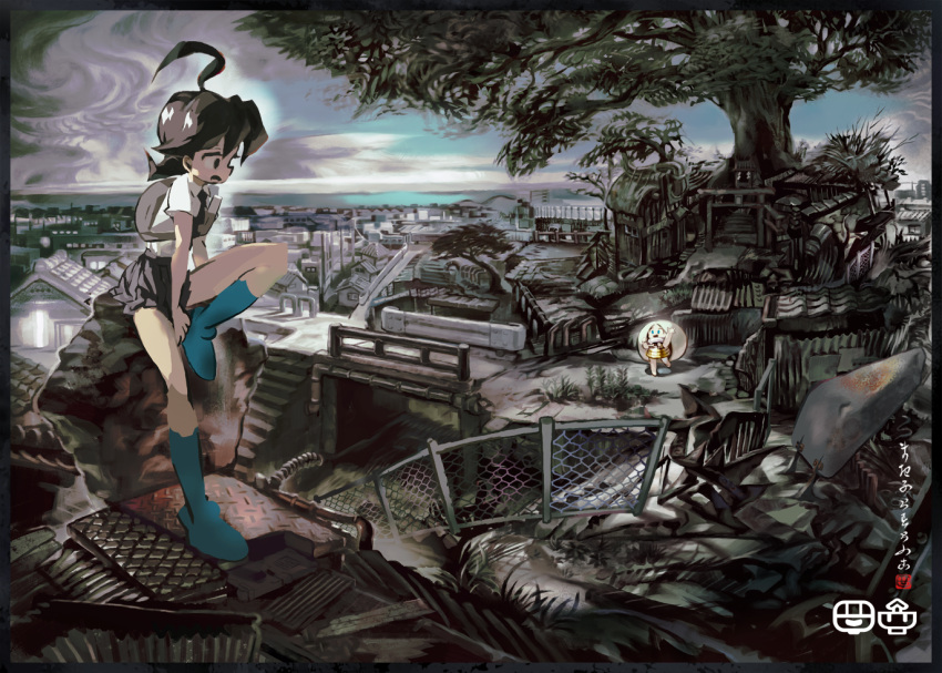 1girl 1other ahoge backpack bag black_eyes black_hair cityscape creature fantasy fence kawaguchi_youhei looking_at_another open_mouth original outdoors short_hair sitting skirt sky solo_focus tree waving