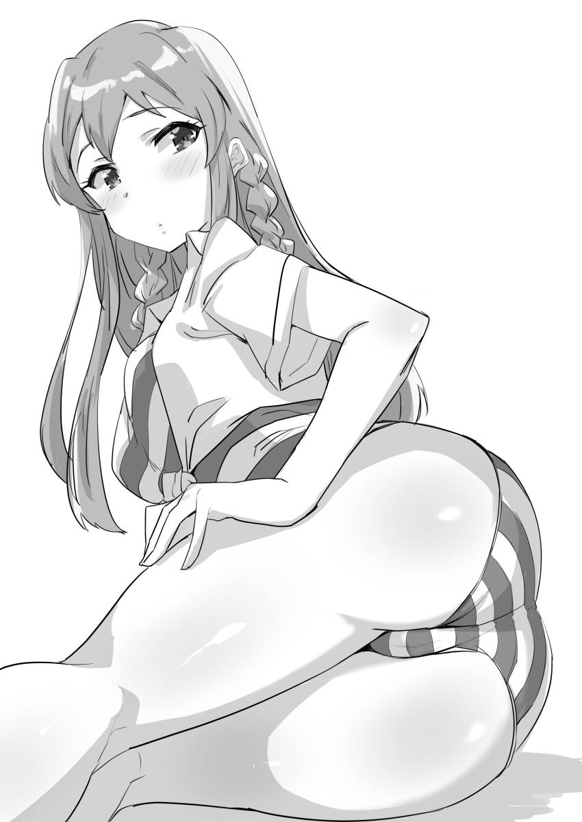 1girl absurdres ass ass_focus bare_legs blush braid breasts cameltoe collared_shirt dot_mouth dot_nose double-parted_bangs echihiro eyelashes greyscale hair_over_breasts hair_over_shoulder hand_on_own_thigh highres idolmaster idolmaster_million_live! idolmaster_million_live!_theater_days kousaka_umi large_breasts long_hair looking_at_viewer looking_back lying monochrome on_side open_clothes open_shirt panties shirt short_sleeves shy simple_background solo straight_hair striped_clothes striped_panties striped_shirt thighs twin_braids underwear white_background