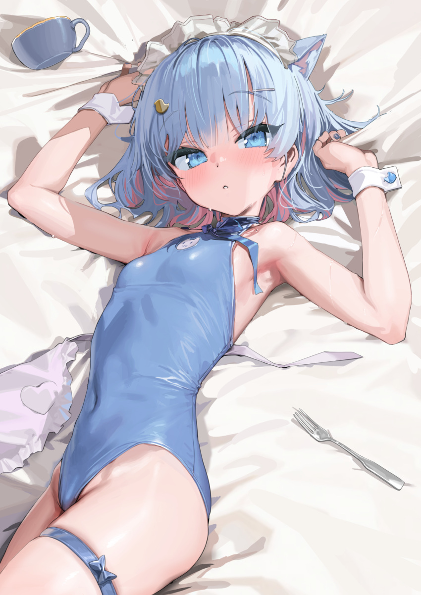 1girl animal_ears apron armpits arms_up bare_shoulders bed_sheet blue_eyes blue_hair blue_leotard breasts cat_ears cat_girl commentary_request covered_navel cup fork highleg highleg_leotard highres indie_virtual_youtuber kanzarin kanzarin_(vtuber) kemonomimi_mode leotard looking_at_viewer lying maid_headdress on_back on_bed short_hair sleeveless_turtleneck_leotard small_breasts solo thigh_strap thighs unworn_apron virtual_youtuber waist_apron white_headdress white_wrist_cuffs wrist_cuffs