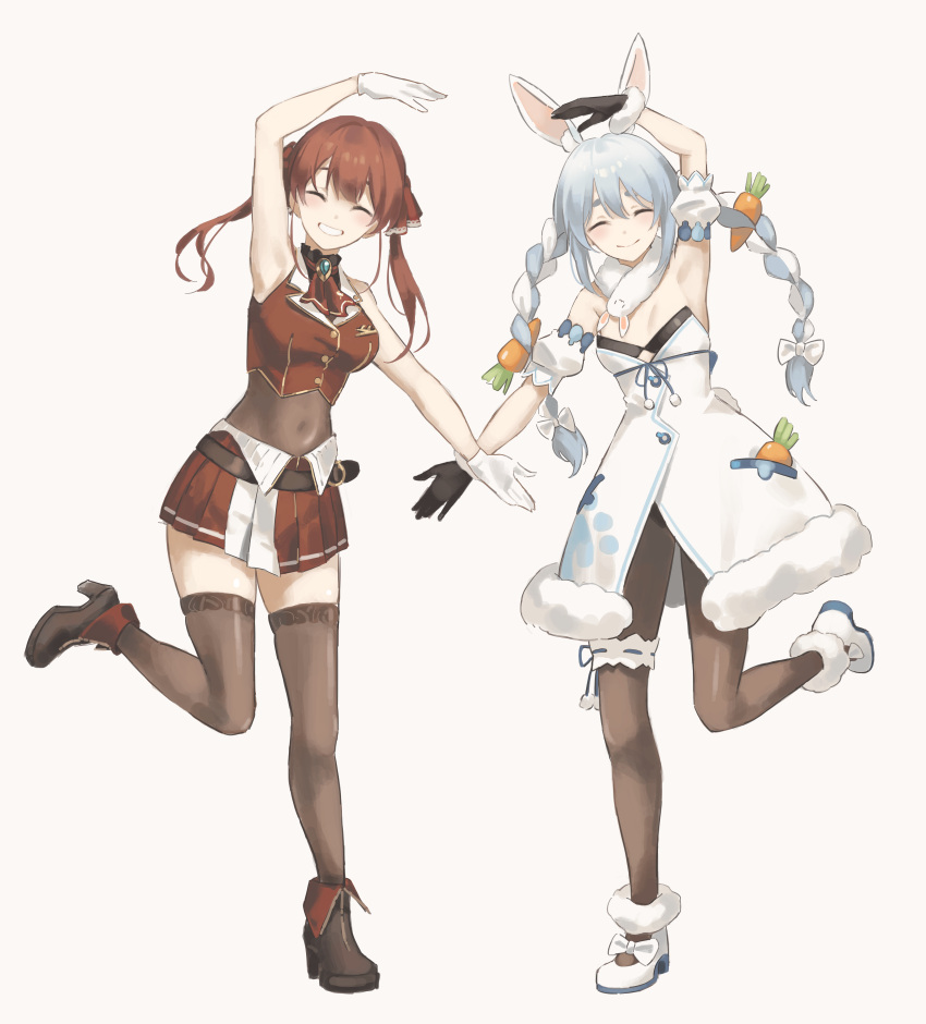 2girls absurdres animal_ears ankle_boots ankle_garter ascot black_gloves black_leotard black_pantyhose black_thighhighs blue_hair boots braid breasts bridal_garter brooch brown_thighhighs carrot_hair_ornament closed_eyes coat coat_dress colored_shoe_soles commentary cropped_jacket cutout_above_navel detached_sleeves don-chan_(usada_pekora) extra_ears facing_viewer fold-over_boots food-themed_hair_ornament full_body fur-trimmed_coat fur-trimmed_gloves fur_scarf fur_trim gloves gold_trim hair_between_eyes hair_ornament hair_ribbon heart_arms_duo high_heel_boots high_heels highres hololive houshou_marine houshou_marine_(1st_costume) jacket jewelry knee_up kyoko_(zeprii4) lace-trimmed_legwear lace_trim lapel_pin leather leather_boots leotard leotard_under_clothes long_hair mary_janes medium_breasts miniskirt multicolored_hair multiple_girls pantyhose pleated_skirt puffy_detached_sleeves puffy_short_sleeves puffy_sleeves rabbit_ears rabbit_girl rabbit_tail red_ascot red_hair red_jacket red_ribbon red_skirt ribbon scarf see-through see-through_leotard shoes short_eyebrows short_sleeves sidelocks simple_background skirt sleeveless sleeveless_jacket small_breasts smile standing standing_on_one_leg strapless strapless_leotard swept_bangs symbol-only_commentary symmetrical_pose tail thick_eyebrows thighhighs twin_braids twintails two-tone_hair usada_pekora usada_pekora_(1st_costume) virtual_youtuber white_coat white_footwear white_hair white_scarf white_sleeves