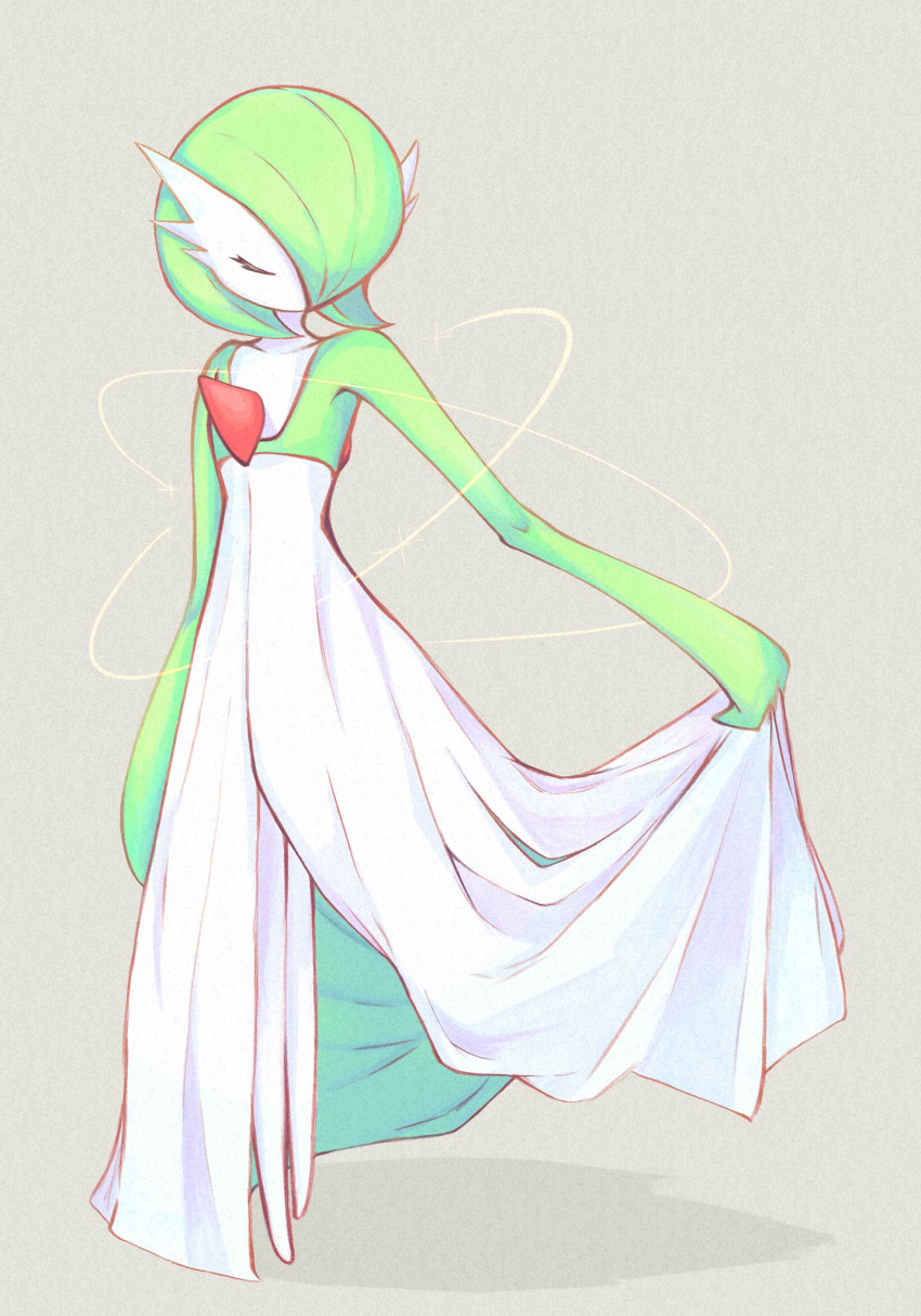 bob_cut closed_eyes clothes_lift colored_skin dress dress_lift gardevoir green_hair grey_background hair_over_one_eye highres lila_0219 multicolored_skin pokemon pokemon_(creature) simple_background two-tone_skin white_dress white_skin