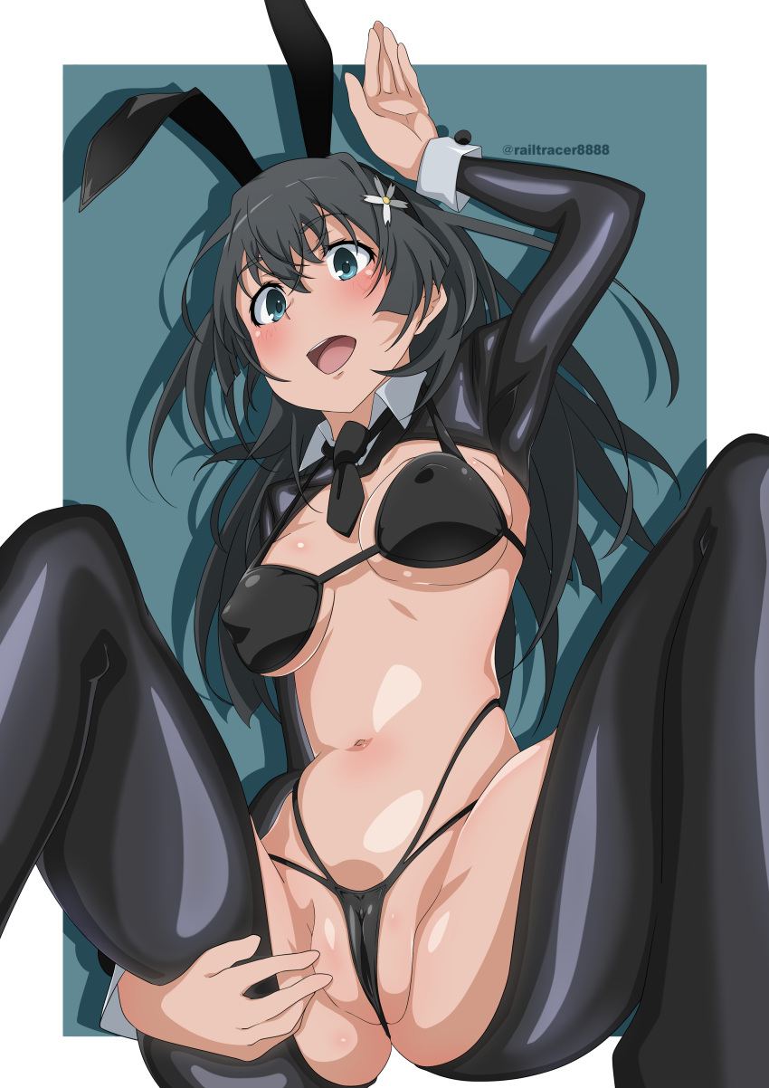 1girl absurdres animal_ears arm_up bikini black_bikini black_hair blue_eyes breasts cameltoe covered_nipples fake_animal_ears highres medium_breasts meme_attire navel open_mouth playboy_bunny rabbit_ears railtracer8888 reverse_bunnysuit reverse_outfit saten_ruiko solo swimsuit toaru_kagaku_no_railgun toaru_majutsu_no_index