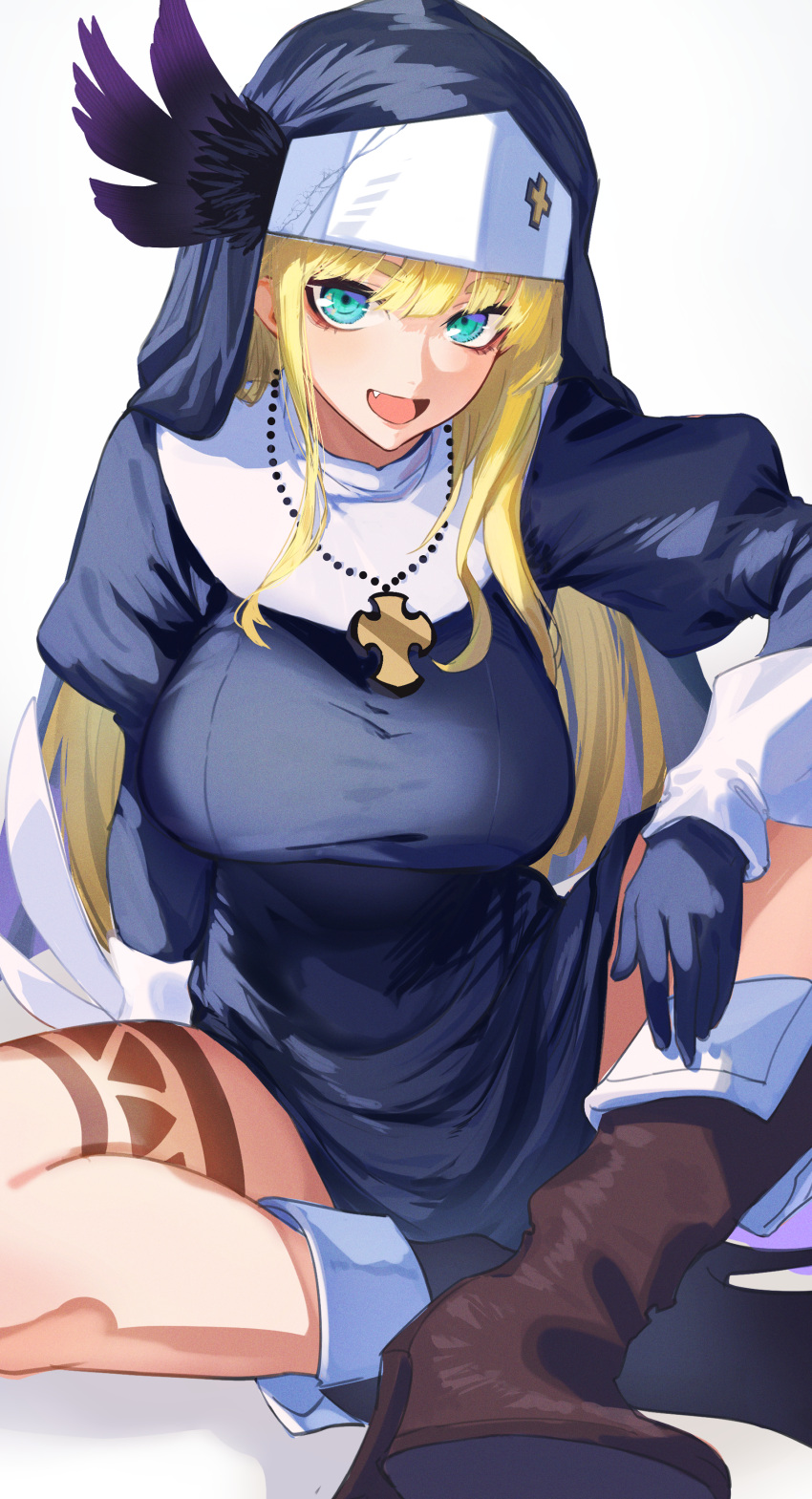 1girl absurdres arm_on_knee arm_rest arm_support black_dress black_gloves black_veil blonde_hair blue_eyes body_markings boots brown_footwear cross cross_necklace dress fang gibril_(isekai_samurai) gloves hat_feather high_heel_boots high_heels highres isekai_samurai jewelry juliet_sleeves knee_up long_hair long_sleeves looking_at_viewer murechika necklace nun open_mouth pelvic_curtain puffy_sleeves side_slit simple_background sitting sleeve_cuffs smile solo veil white_background