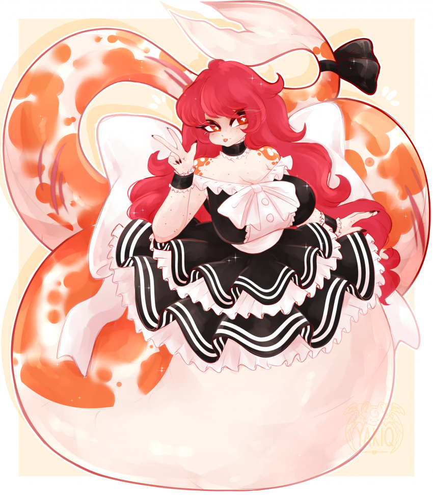 amur_carp apode bow_ribbon carp clothing cyprinid cypriniform draconcopode female fish fluffy fluffy_hair frilly frilly_clothing furgonomics hair hi_res humanoid koi lamia legless long_hair maid_uniform marine orange_body orange_scales red_hair reptile ribbons scales scalie serpentine snake solo split_form typical_carp uniform yakiq