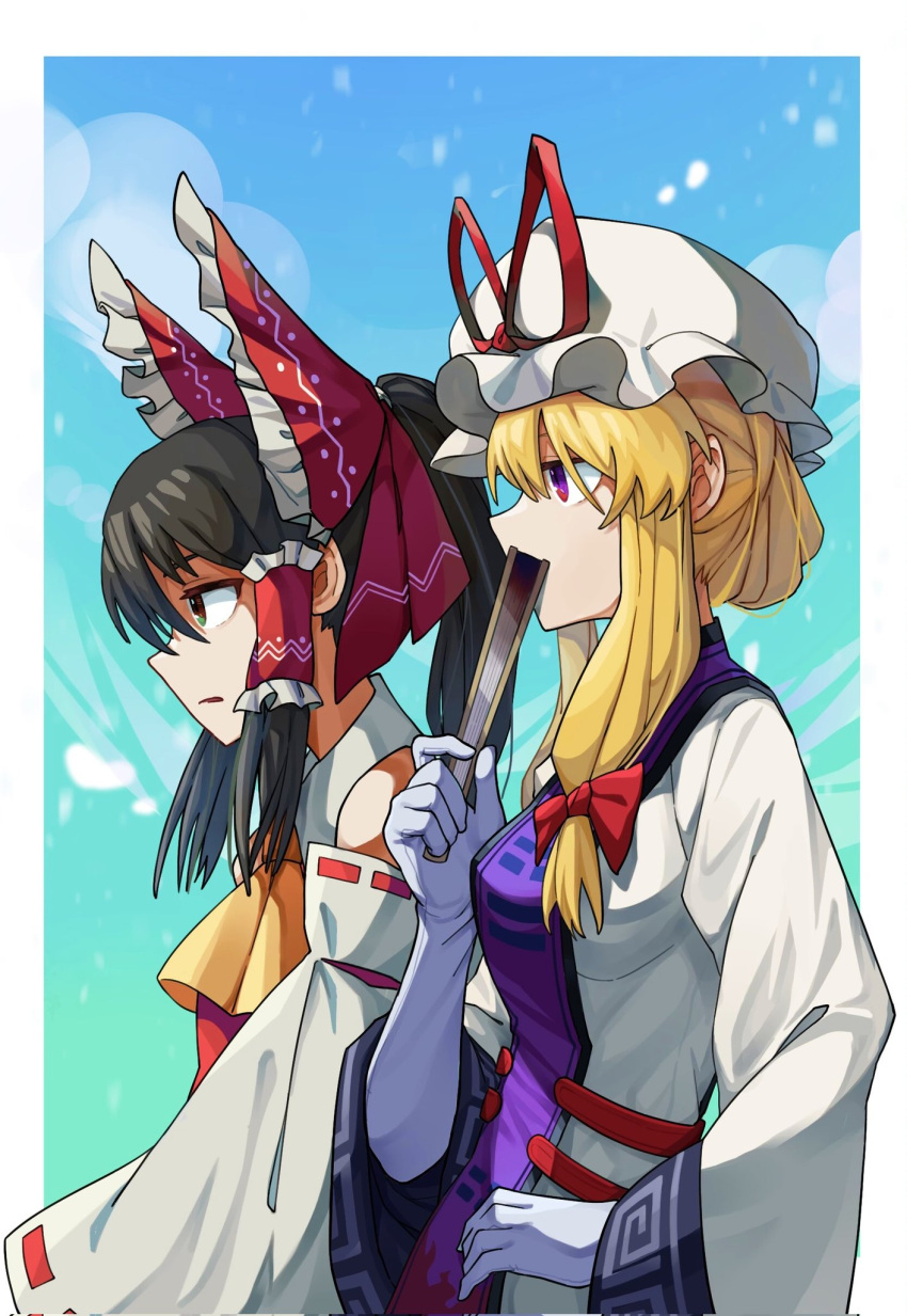 2girls ascot black_hair blonde_hair bow detached_sleeves elbow_gloves fan_over_face folded_fan folding_fan frilled_bow frilled_hair_tubes frills gloves hair_bow hair_tubes hakurei_reimu hand_fan hat hat_ribbon highres holding holding_fan long_hair long_sleeves mob_cap multiple_girls onionmay purple_eyes purple_tabard red_bow red_ribbon ribbon ribbon-trimmed_sleeves ribbon_trim tabard touhou white_gloves wide_sleeves yakumo_yukari yellow_ascot