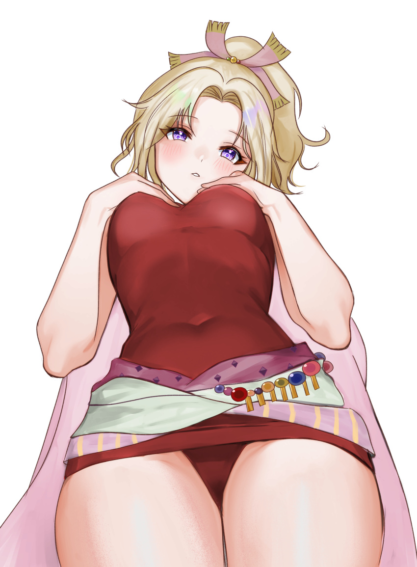 1girl absurdres blonde_hair blush breasts cape covered_navel dress final_fantasy final_fantasy_vi hands_on_own_breasts highres looking_at_viewer panties parted_lips ponytail purple_eyes red_panties short_dress sleeveless sleeveless_dress solo terra_branford underwear upskirt white_background yua_666666