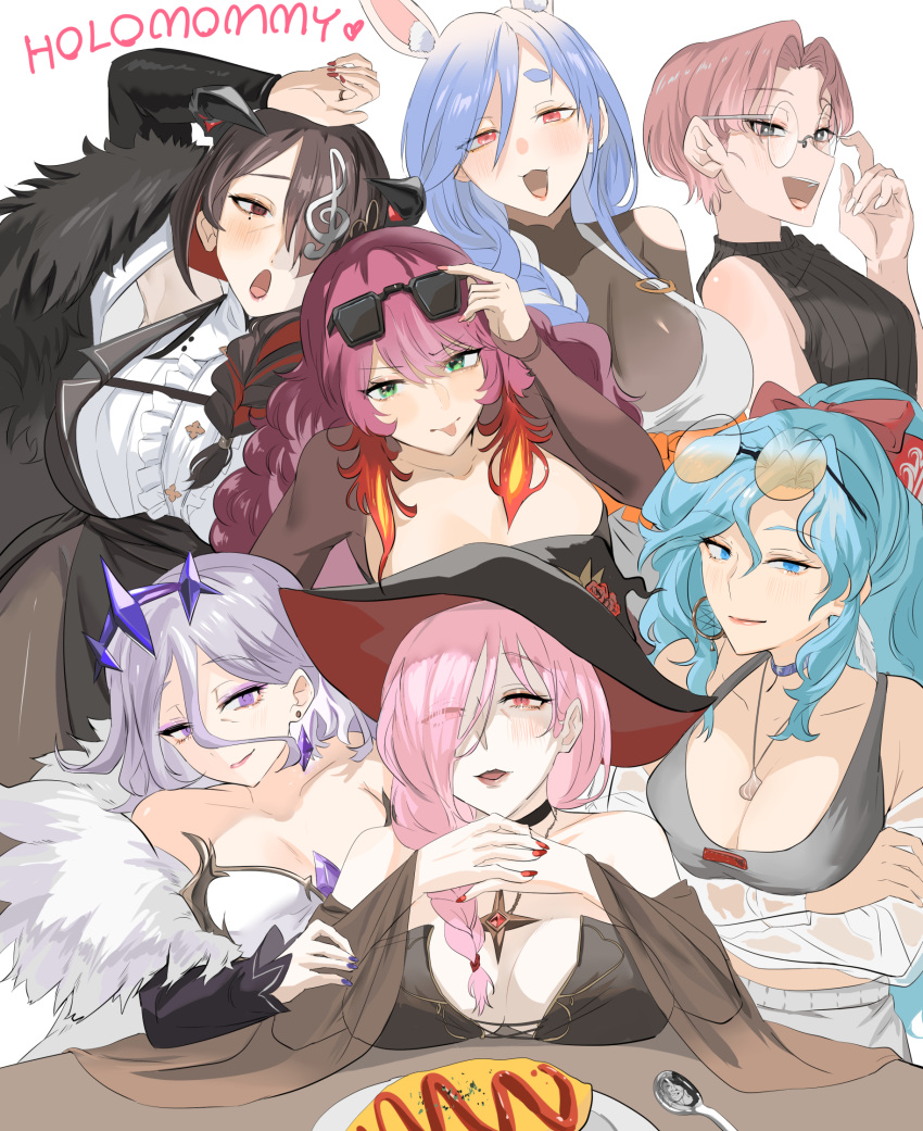 6+girls animal_ear_fluff animal_ears blue_eyes blue_hair blush braid breasts hair_ornament hat highres hololive hololive_english hololive_indonesia horns kobo_kanaeru's_mother large_breasts long_hair looking_at_viewer mama_lillie mama_mori mamarissa mamatori mature_female momseki_(koseki_bijou) multicolored_hair multiple_girls open_mouth pekomama pink_hair rabbit_ears rabbit_girl red_eyes set7 short_eyebrows smile thick_eyebrows virtual_youtuber white_hair witch_hat