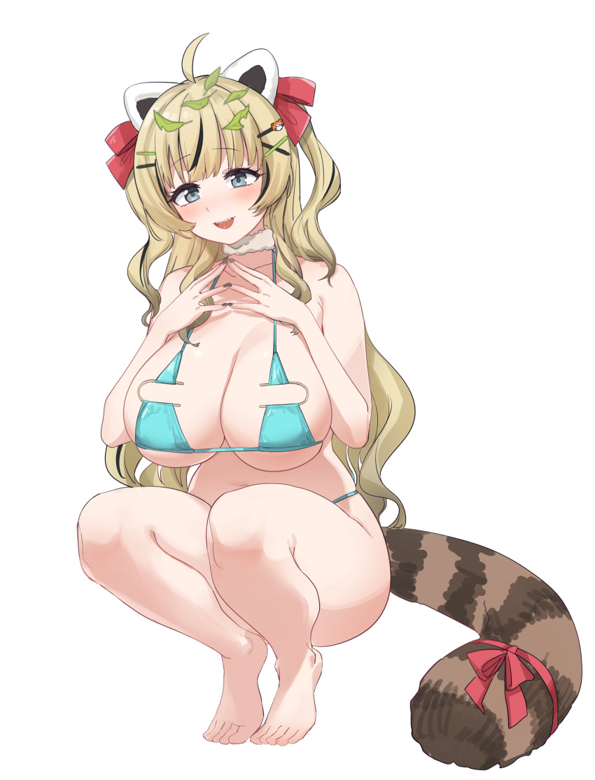 absurdres aningay blonde_hair breasts florida_bikini highres indie_virtual_youtuber large_breasts long_hair looking_at_another tail thick_thighs thighs very_long_hair white_background